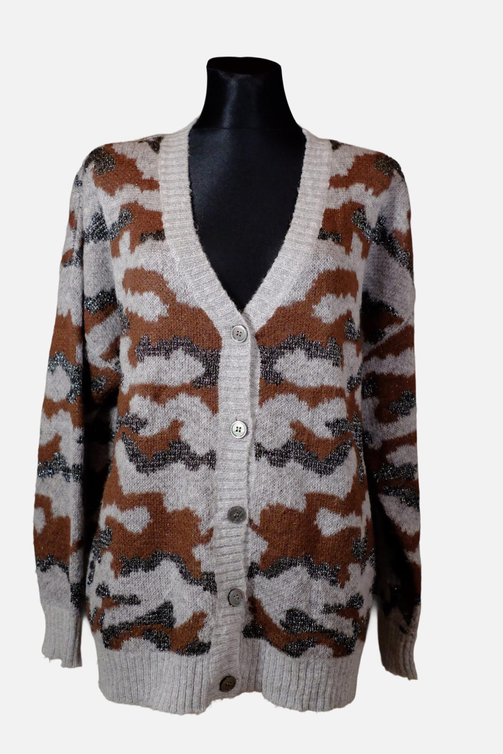 Vintage V-Neck Autumn Grey Brown White Silver Abstract Design Crochet Cardigan - Image 4
