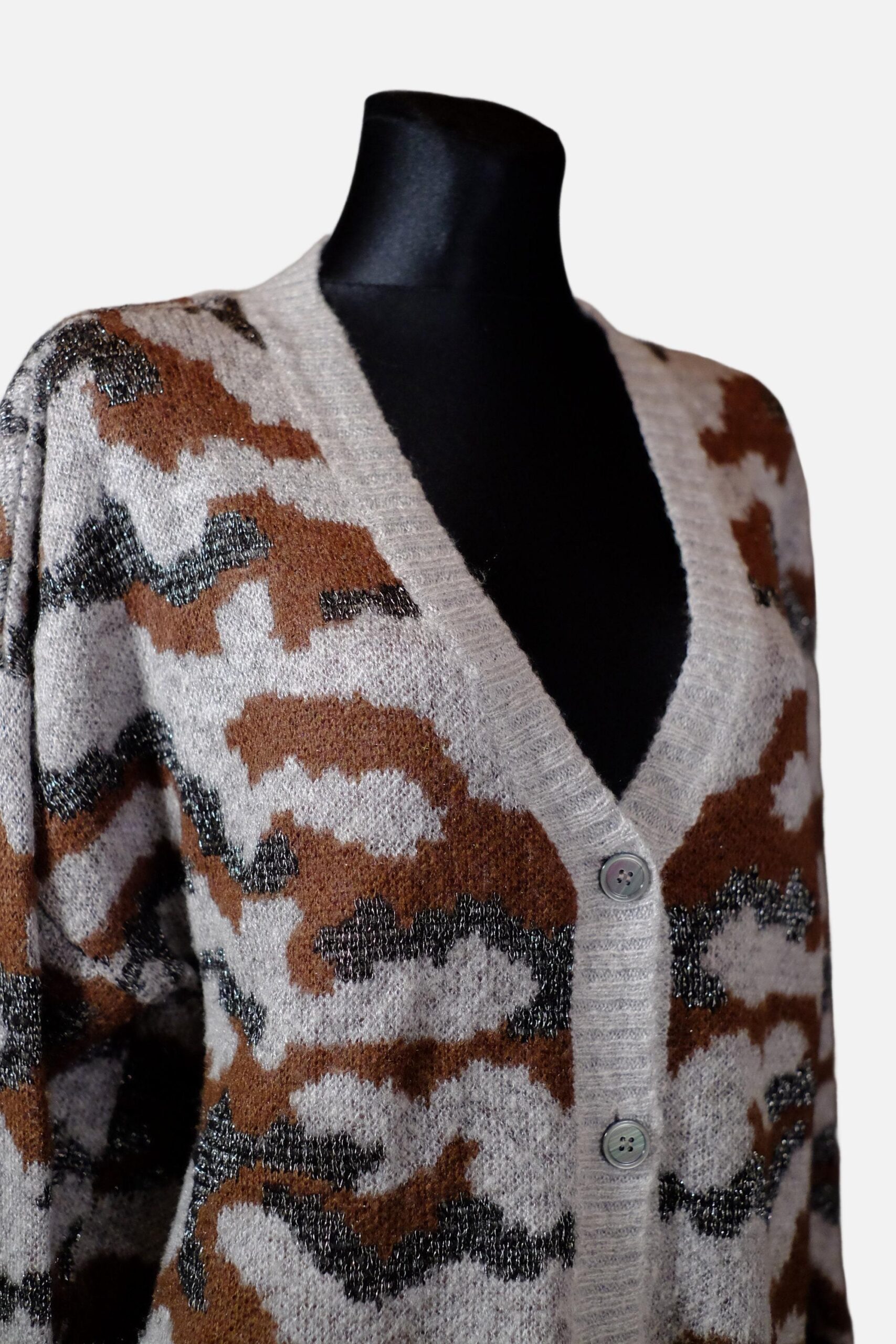 Vintage V-Neck Autumn Grey Brown White Silver Abstract Design Crochet Cardigan - Image 7