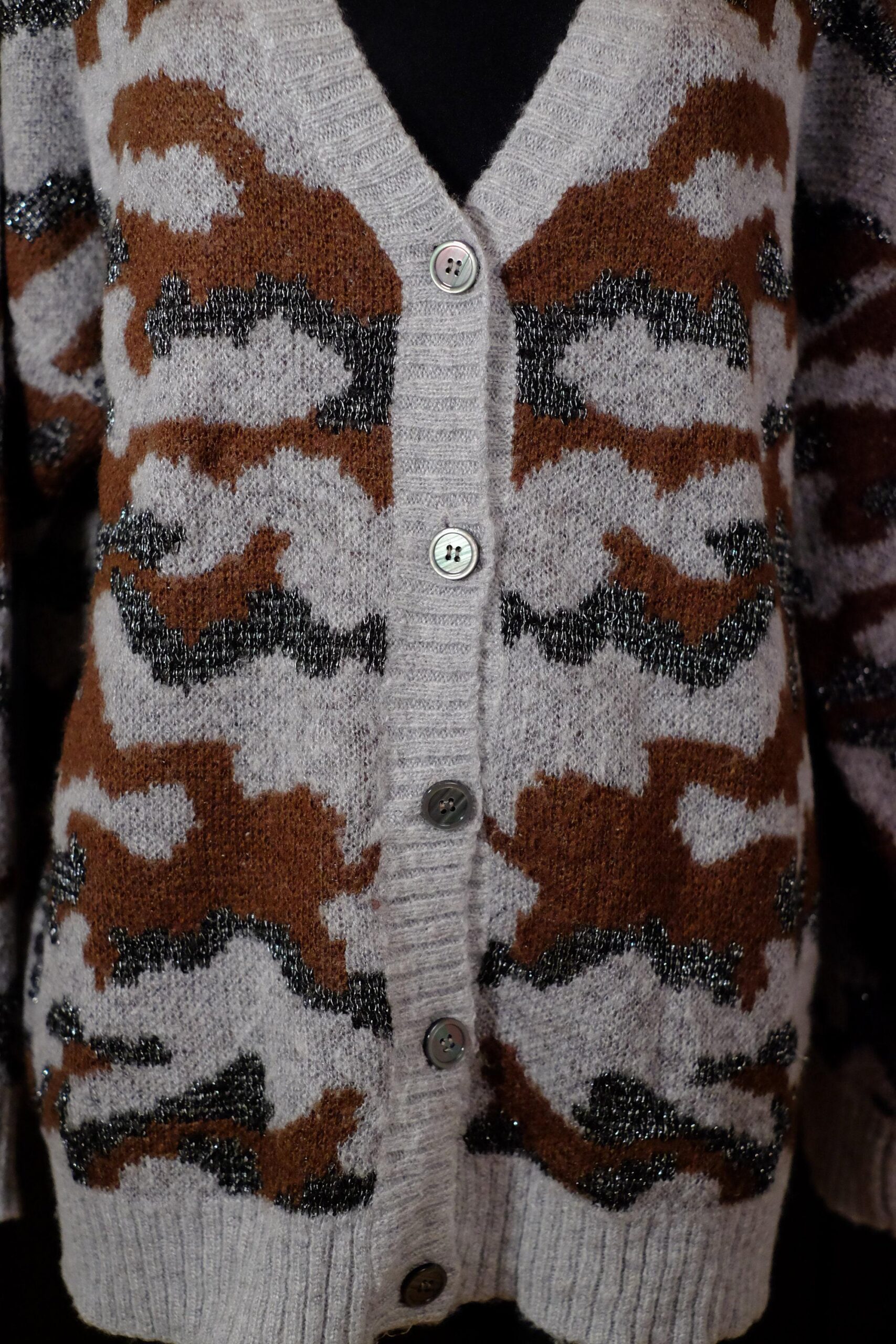 Vintage V-Neck Autumn Grey Brown White Silver Abstract Design Crochet Cardigan - Image 9