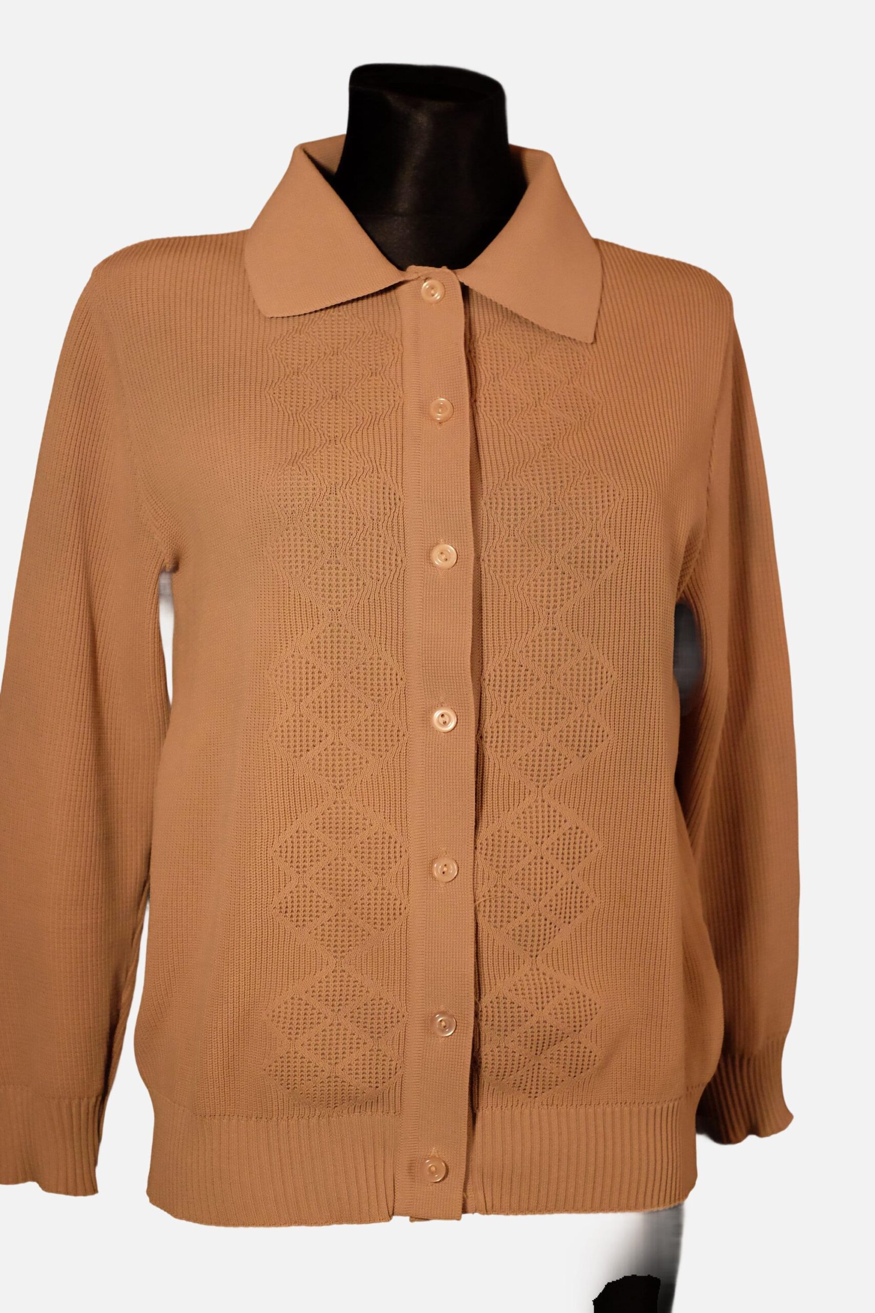 Vintage Light Brown Diamond Pattern Collared Crochet Cardigan - Image 3