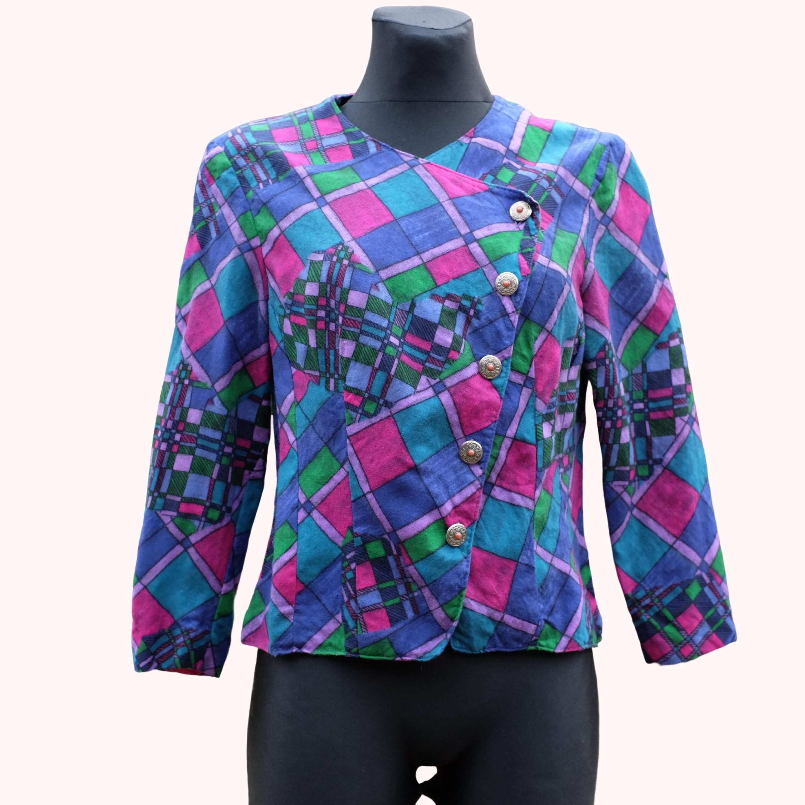 Vintage 80s Colorful Asymmetrical Blouse with Geometrical Pattern