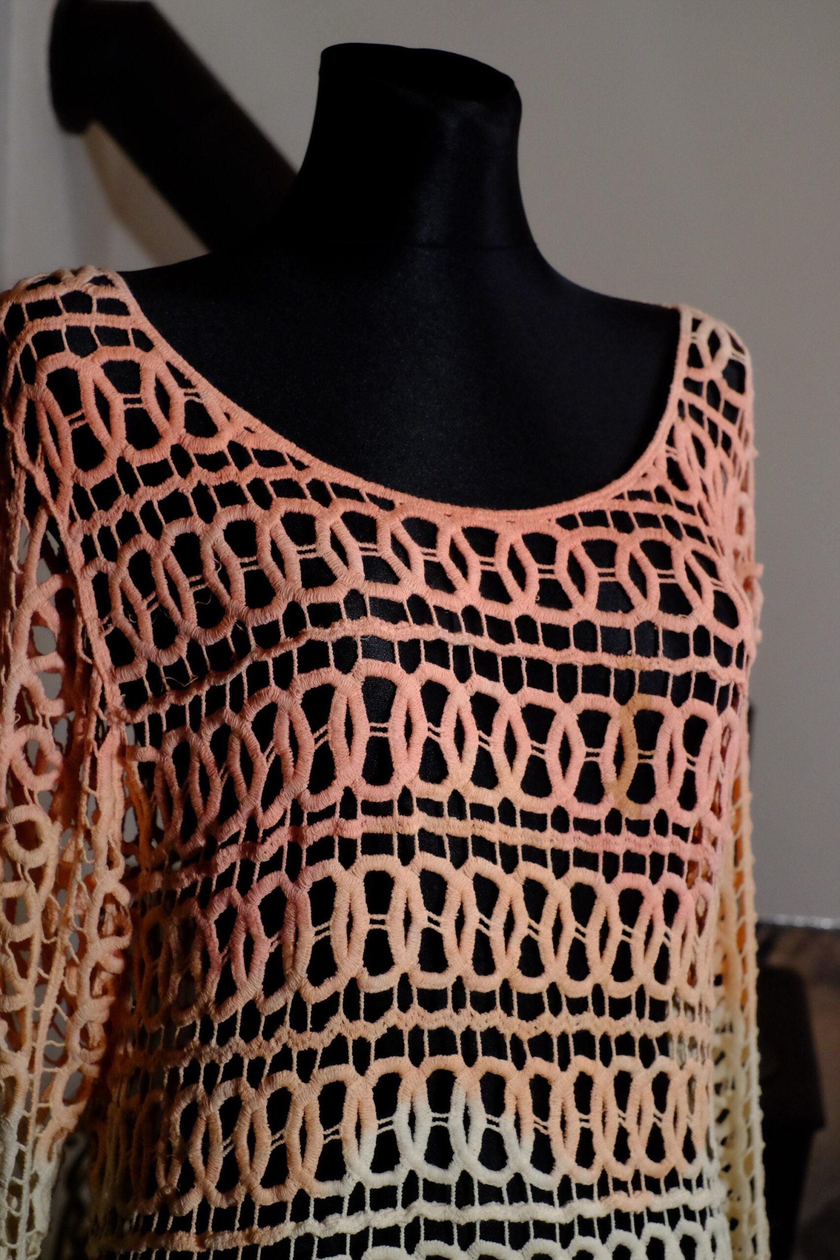 Vintage Pink White Brown Ombre Circle Design Crochet Dress - Image 9