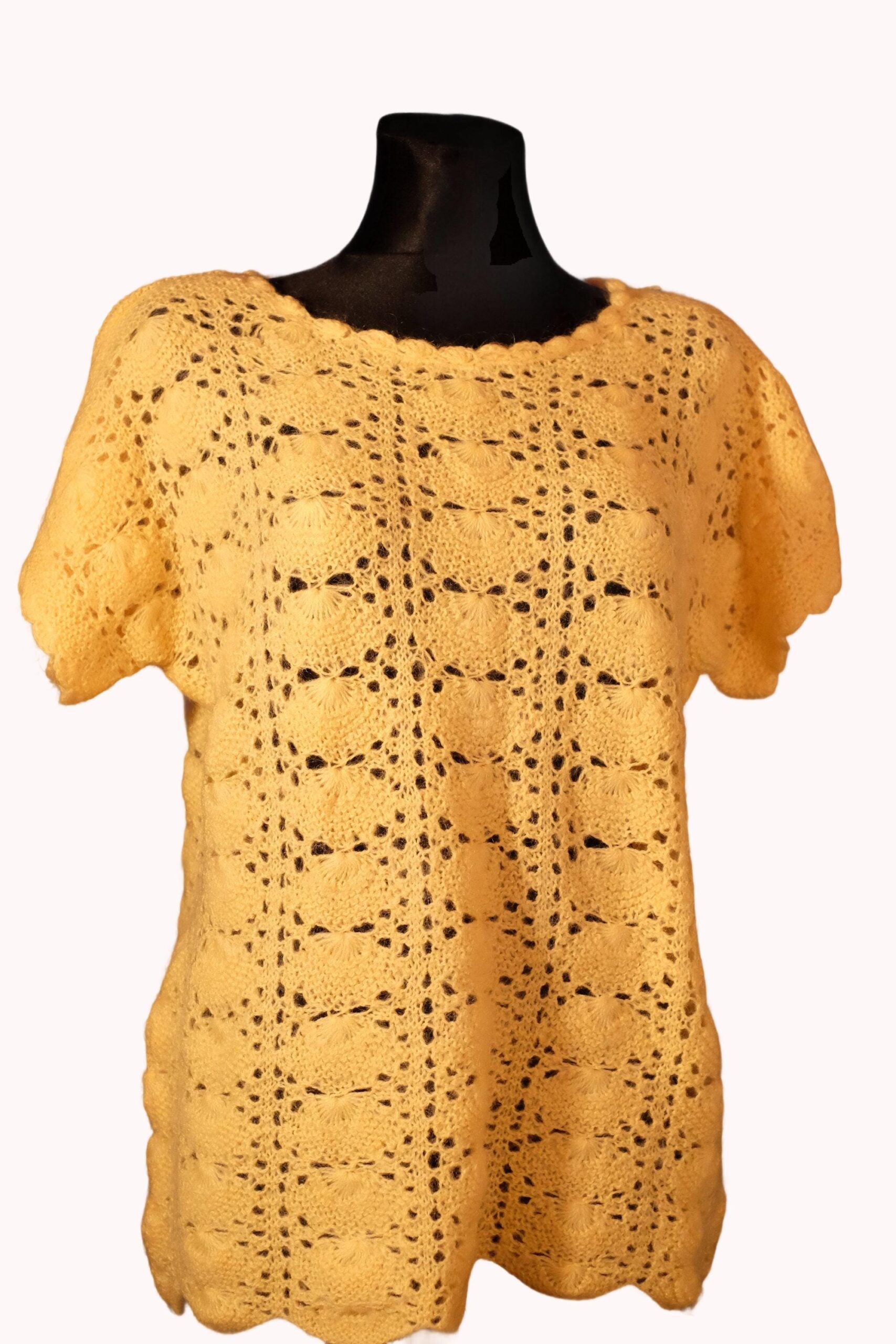 Vintage Yellow Short Sleeved Crochet Top, Short Sleeved Sweater - Image 6