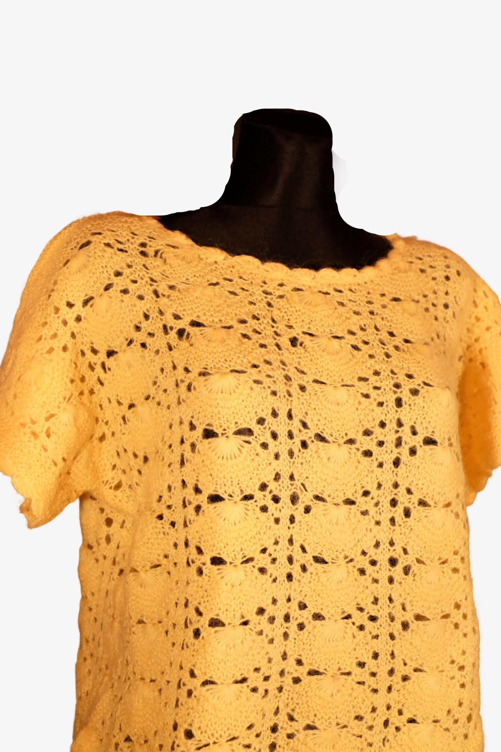 Vintage Yellow Short Sleeved Crochet Top, Short Sleeved Sweater - Image 9
