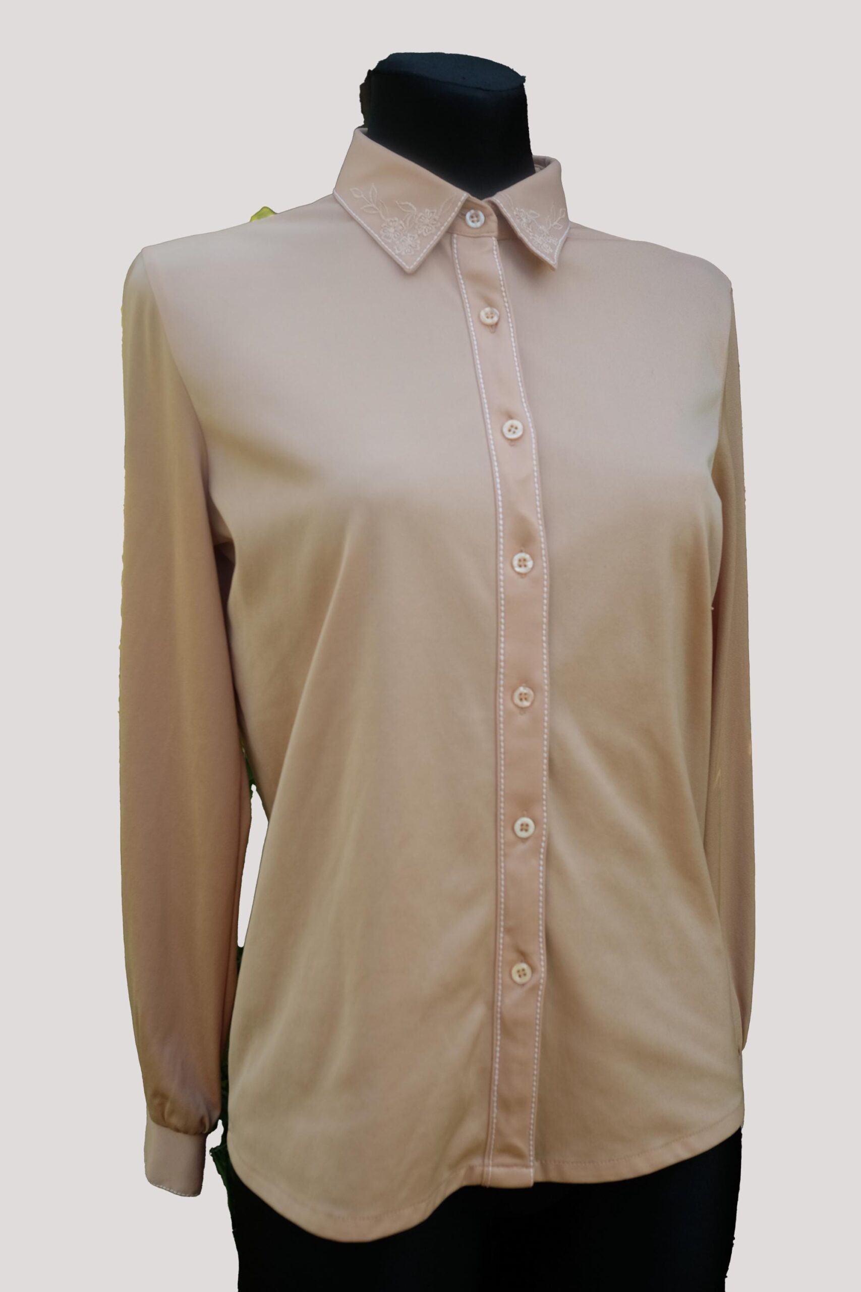 Vintage Long Sleeve Simple Cream Shirt with Elegant Floral Collared Neck Embordered Detail