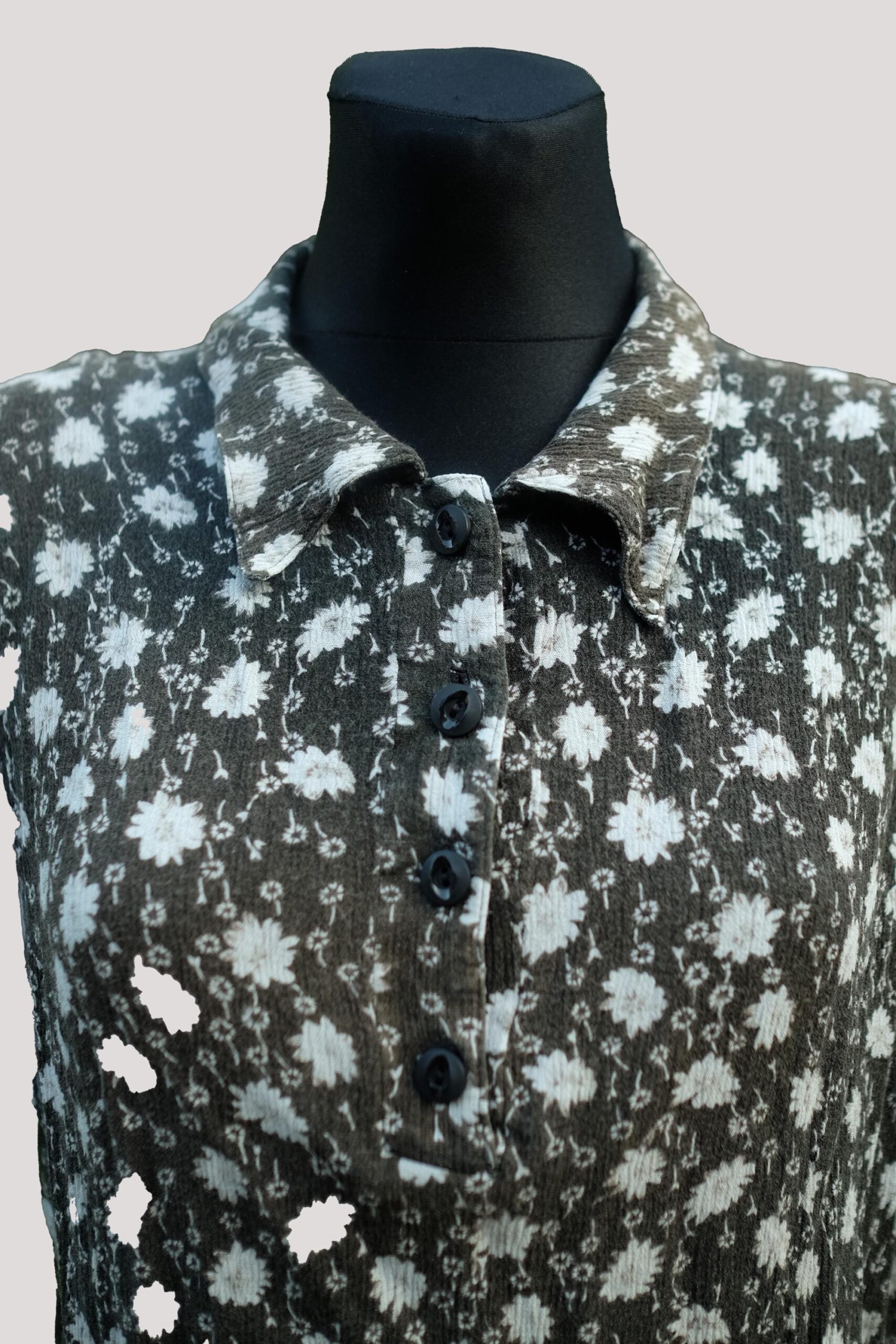 Vintage Dark Green Floral Shirt, Short Sleeve Collar Neck Summer Shirt - Image 4