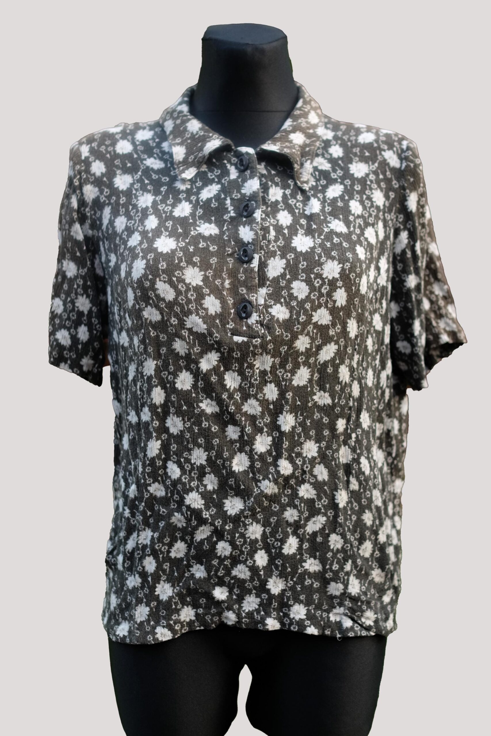 Vintage Dark Green Floral Shirt, Short Sleeve Collar Neck Summer Shirt