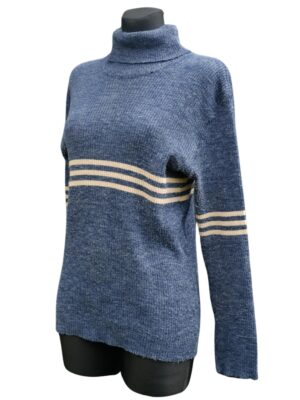 Vintage Glimmery Blue Turtle Neck Jumper with With Strips