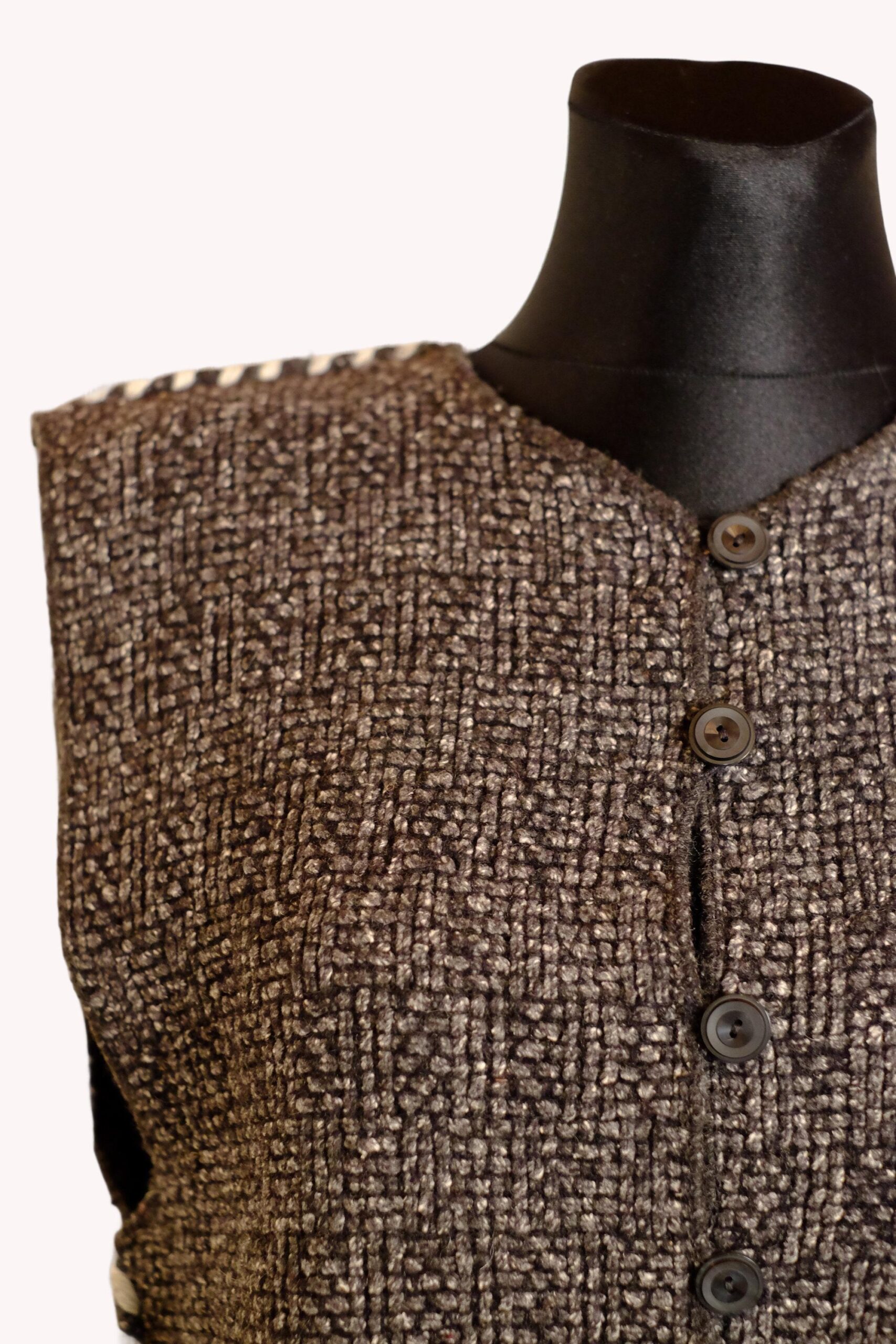 Vintage Brown Textured Button White Seam Crochet Vest - Image 2