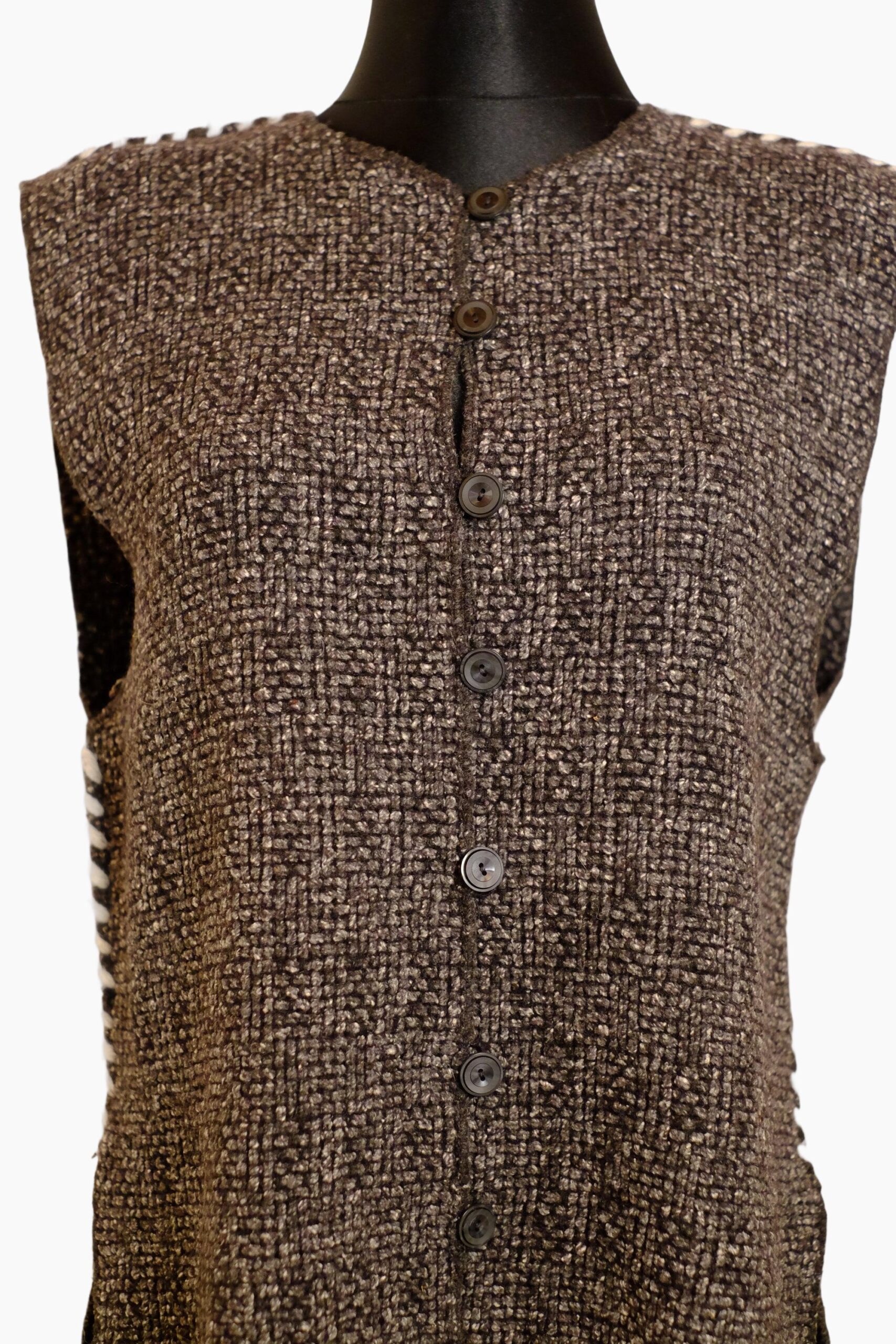 Vintage Brown Textured Button White Seam Crochet Vest - Image 3