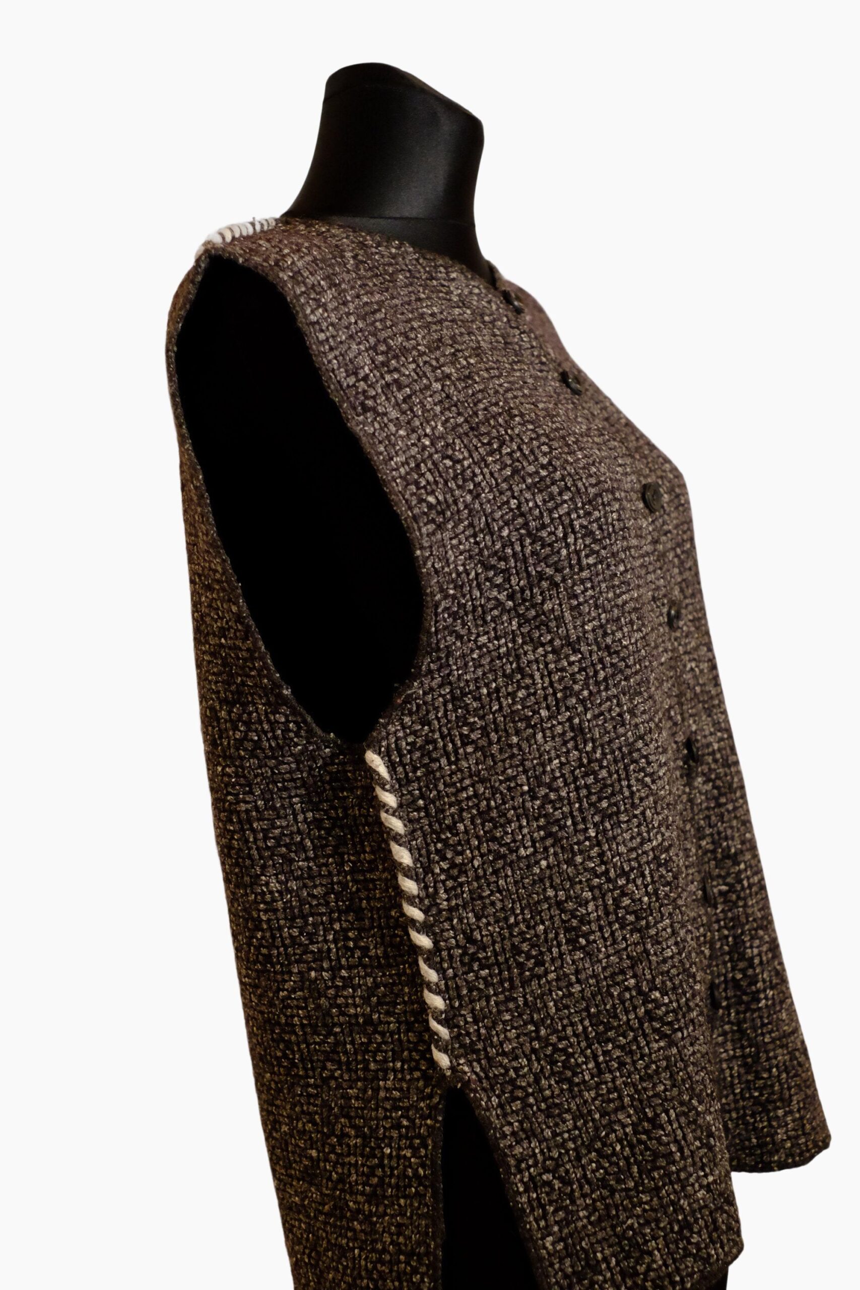 Vintage Brown Textured Button White Seam Crochet Vest - Image 8