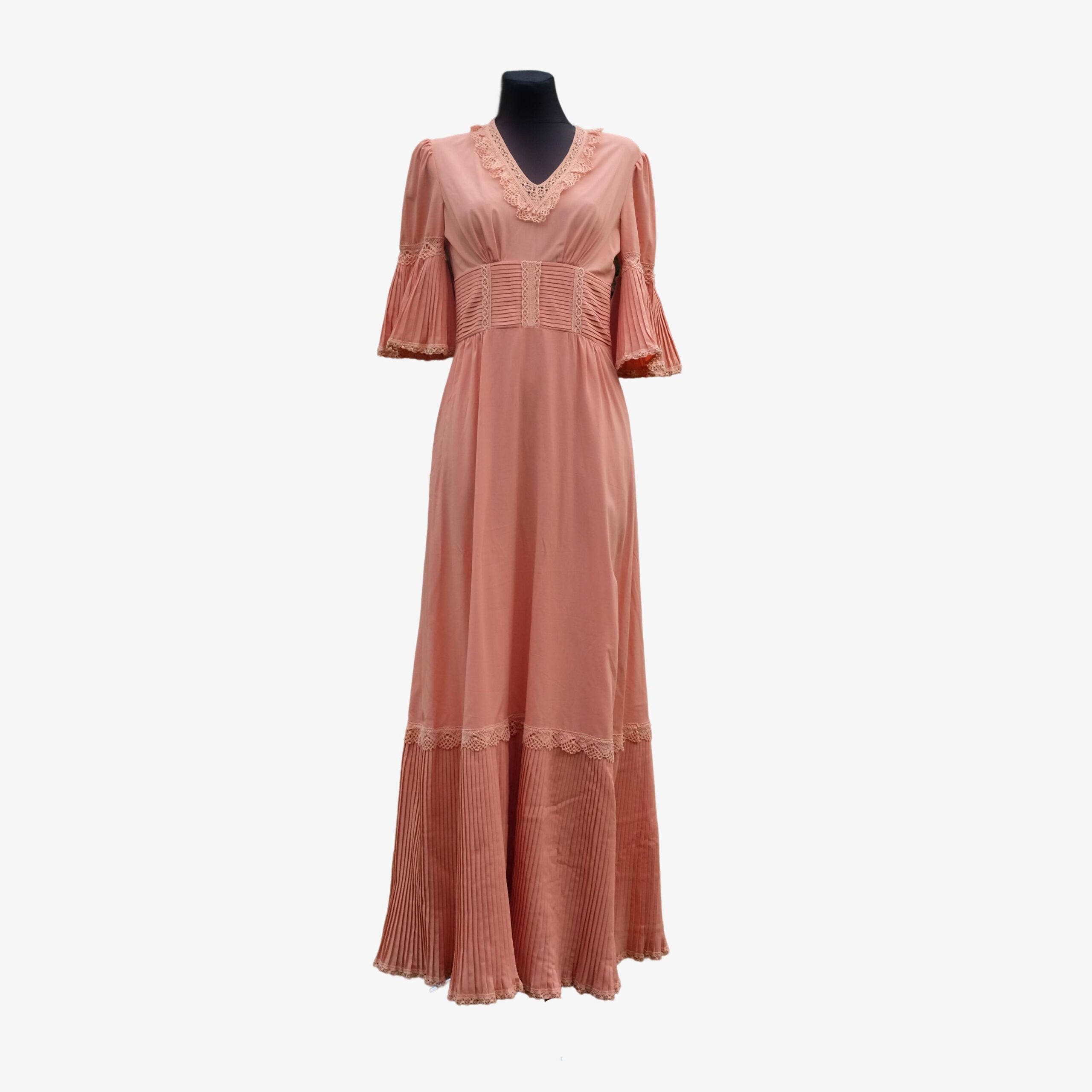 70s Peach Pink Prairie Prom Dress, Vintage Boho Chic Hippie Style - Image 2