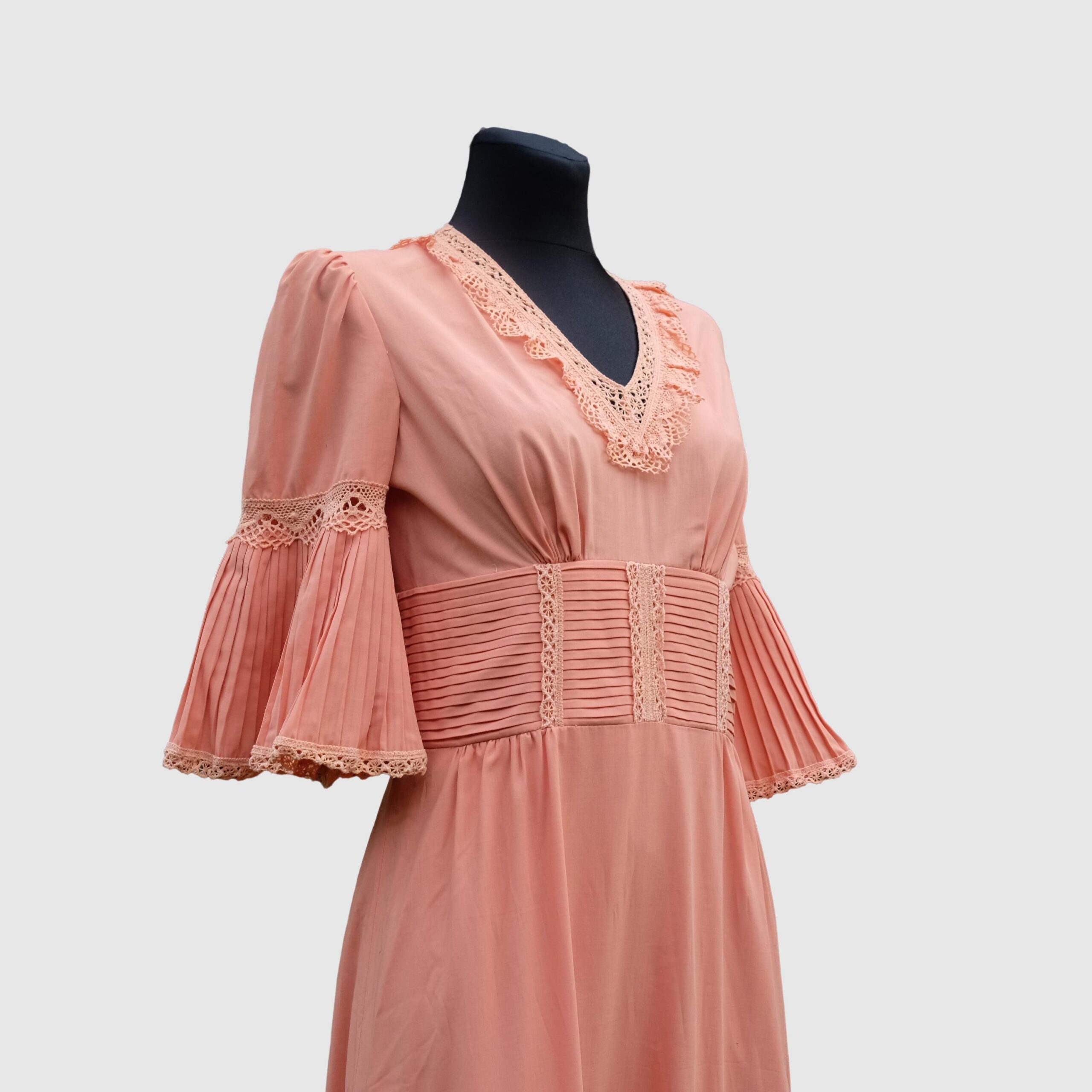 70s Peach Pink Prairie Prom Dress, Vintage Boho Chic Hippie Style - Image 8
