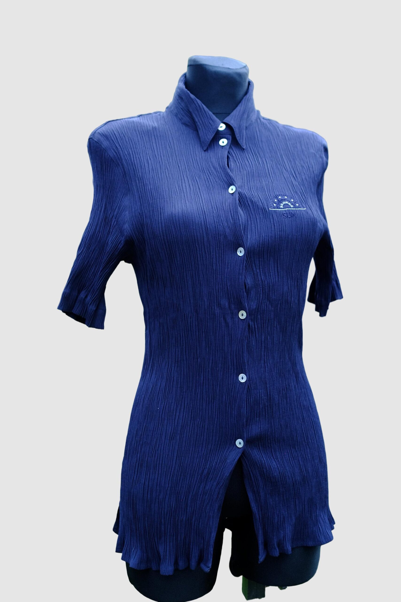 Vintage 90s Navy Blue Fitted Crinkle Crepe Blouse