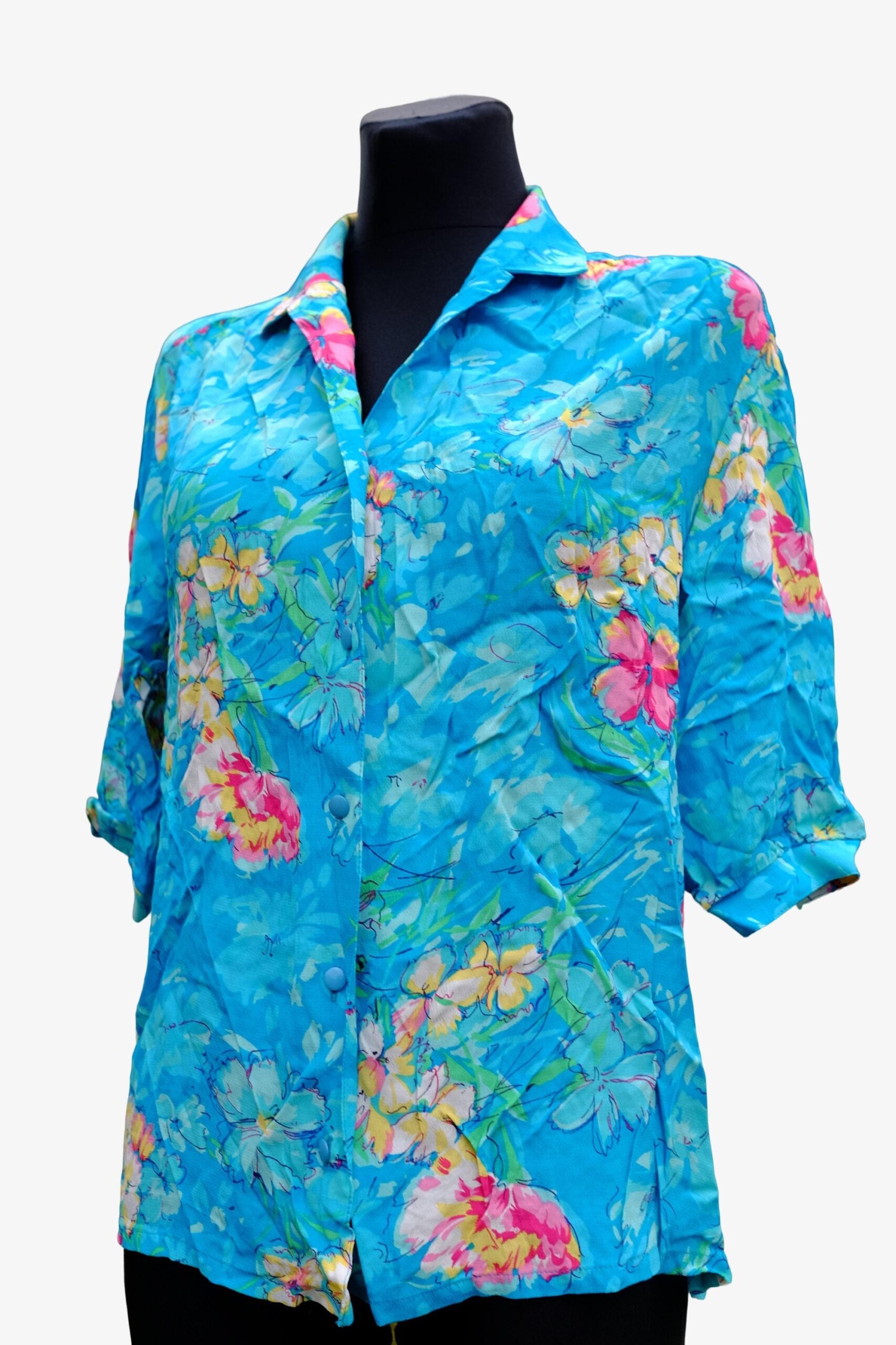 90s Vintage Blue Floral Hawaiian Viscose Blouse - Image 3
