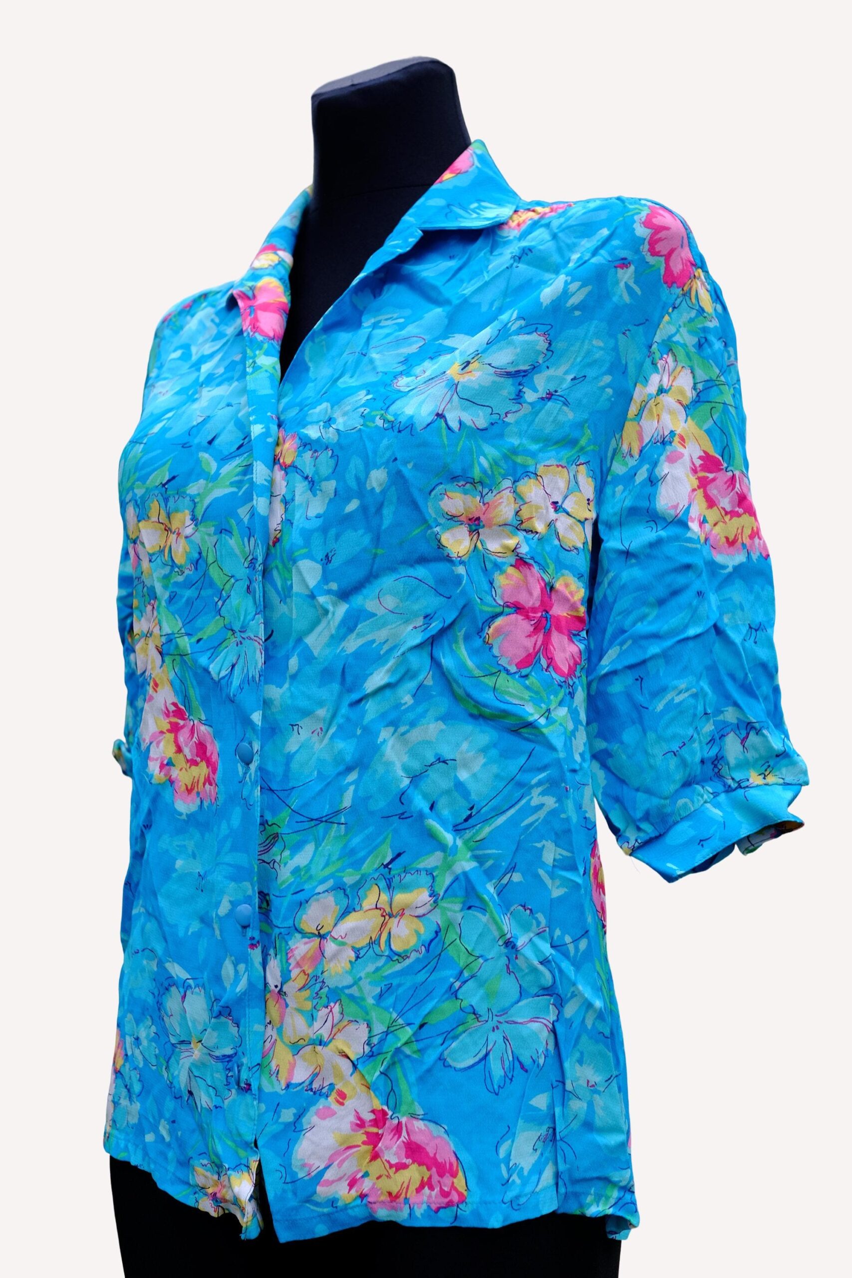 90s Vintage Blue Floral Hawaiian Viscose Blouse - Image 8