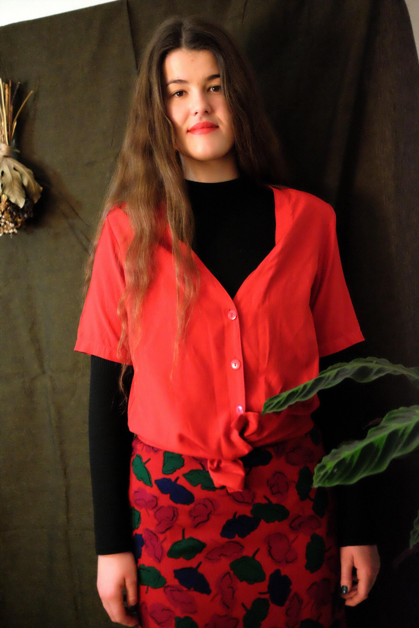 Vintage 80s Short Sleeved Red Blouse - Image 2