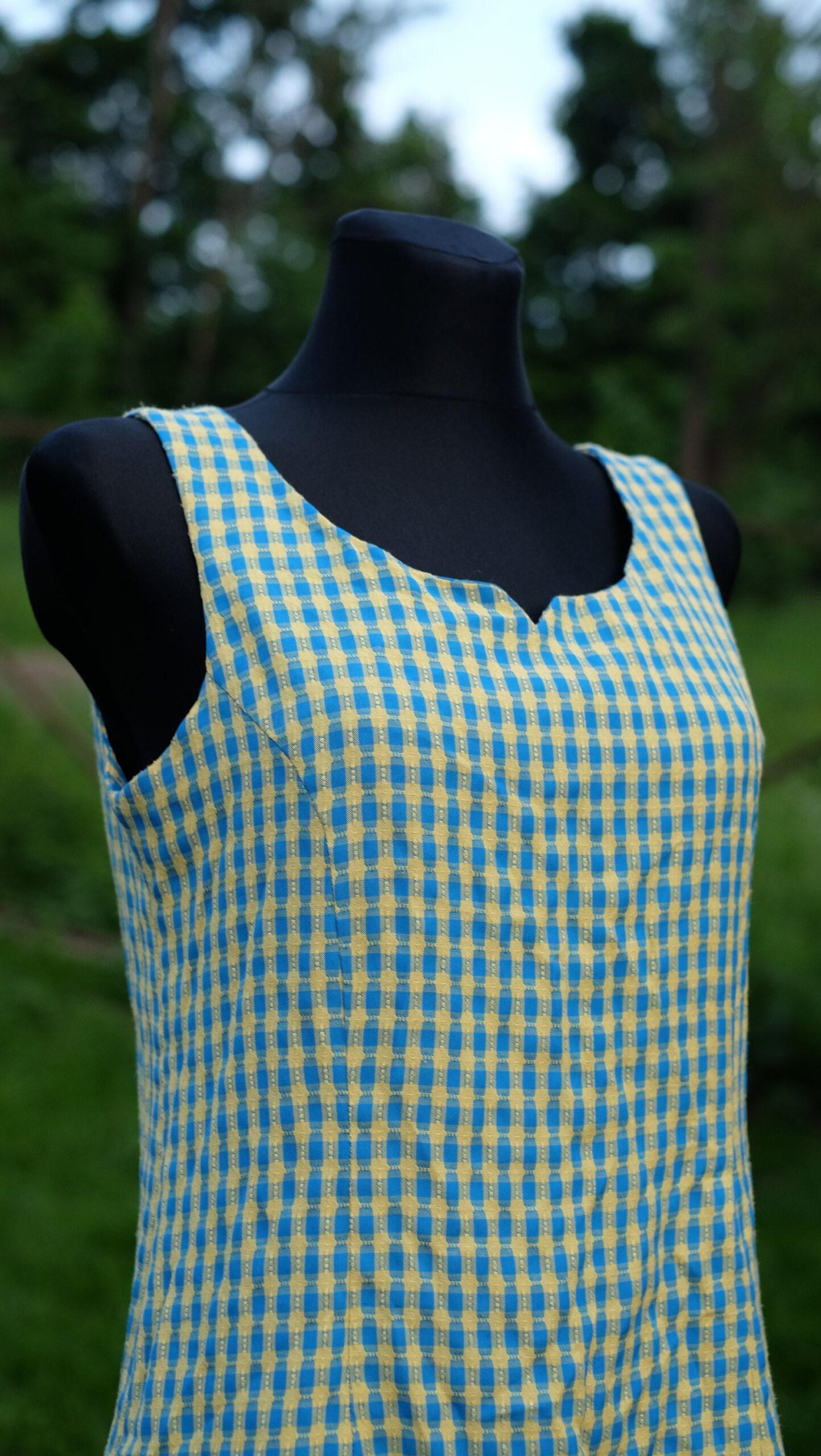 Vintage Checkered MOD Mini Dress in Yellow and Blue - Image 2