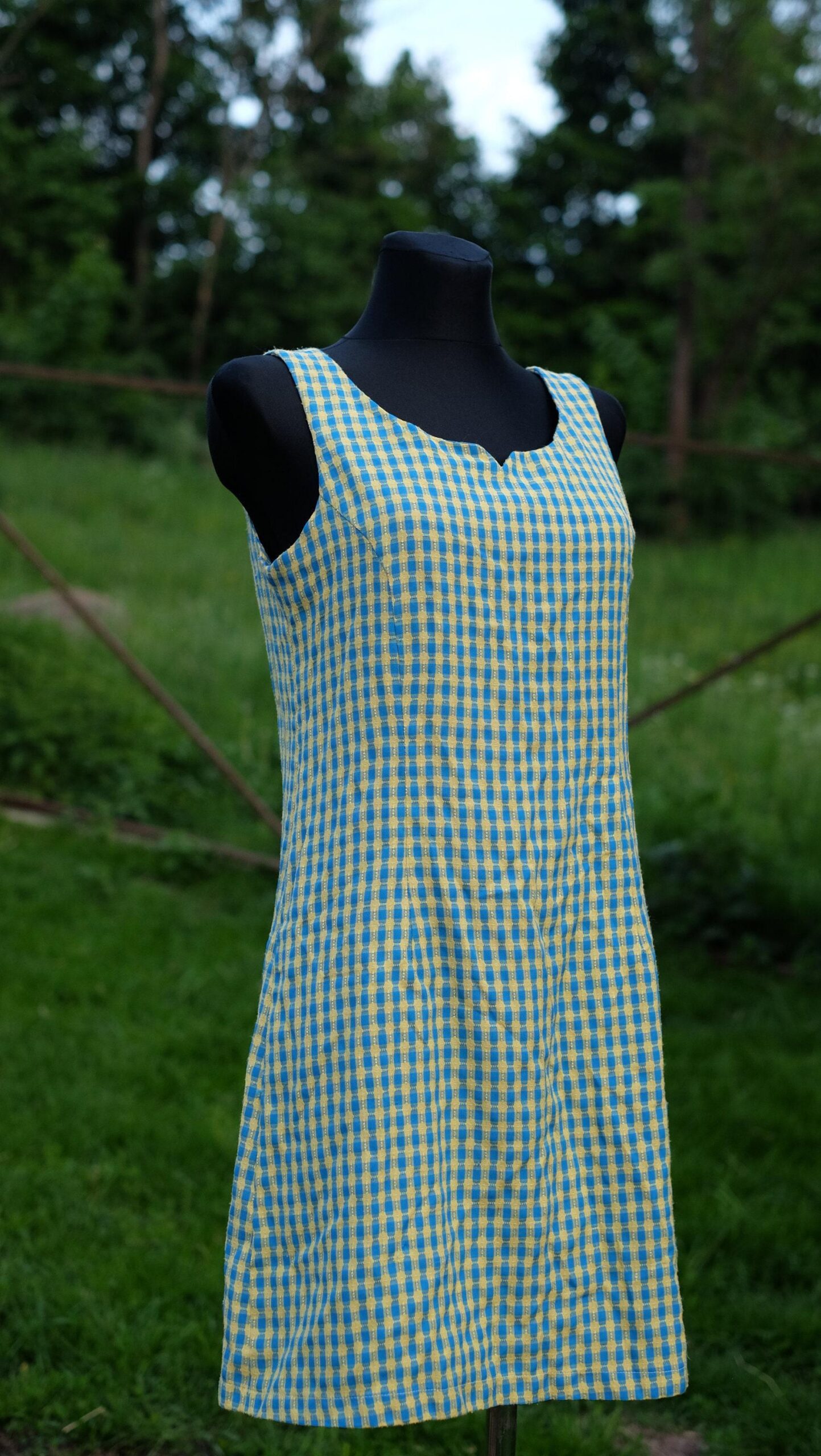 Vintage Checkered MOD Mini Dress in Yellow and Blue - Image 3