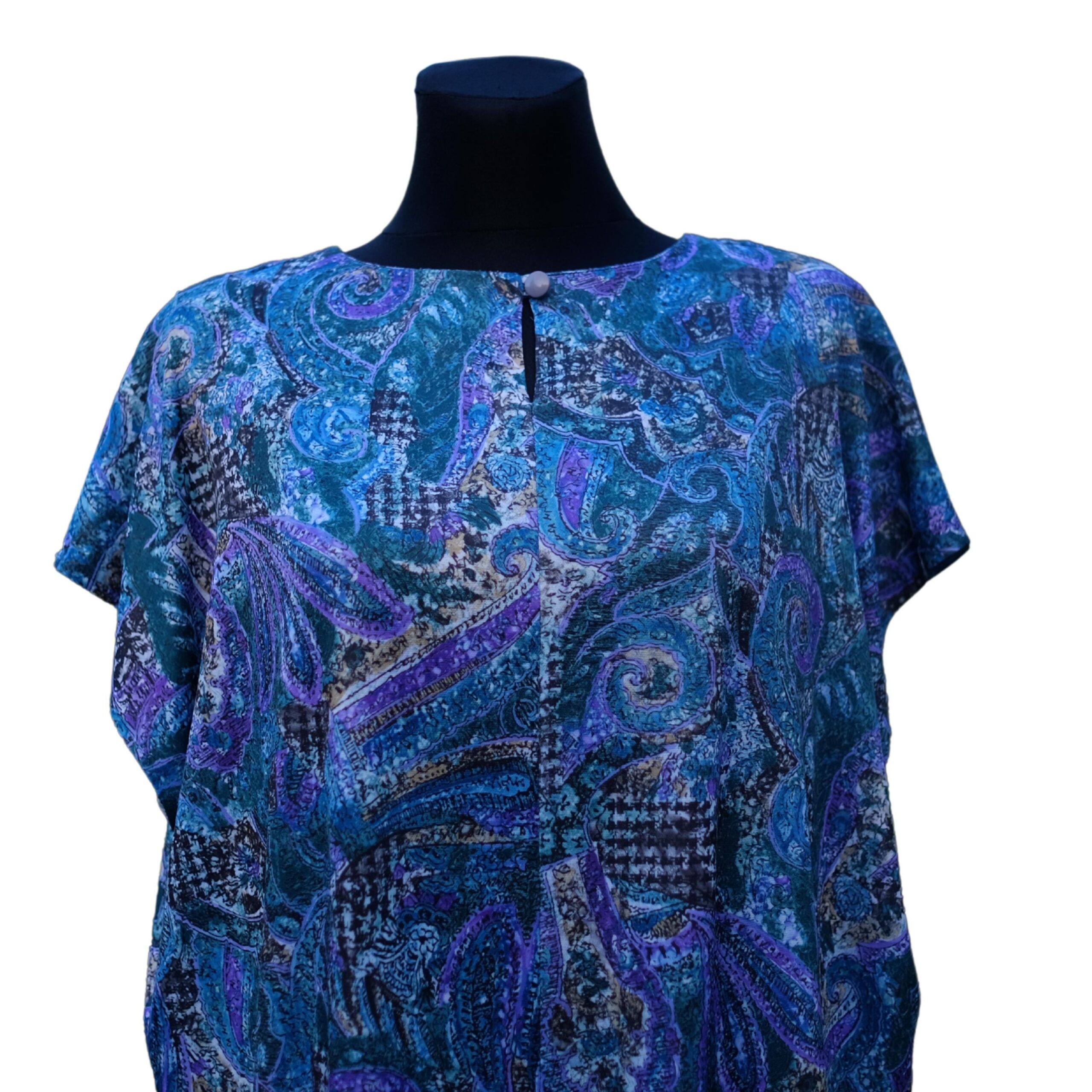Vintage 80s Blue Boho Summer Dress, Intricate Abstract Pattern - Image 3