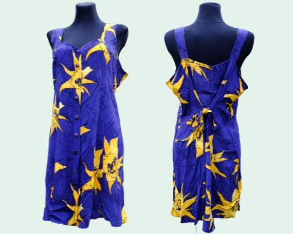 Vintage Dark Blue Yellow Floral Button Up Mini Dress - Image 2