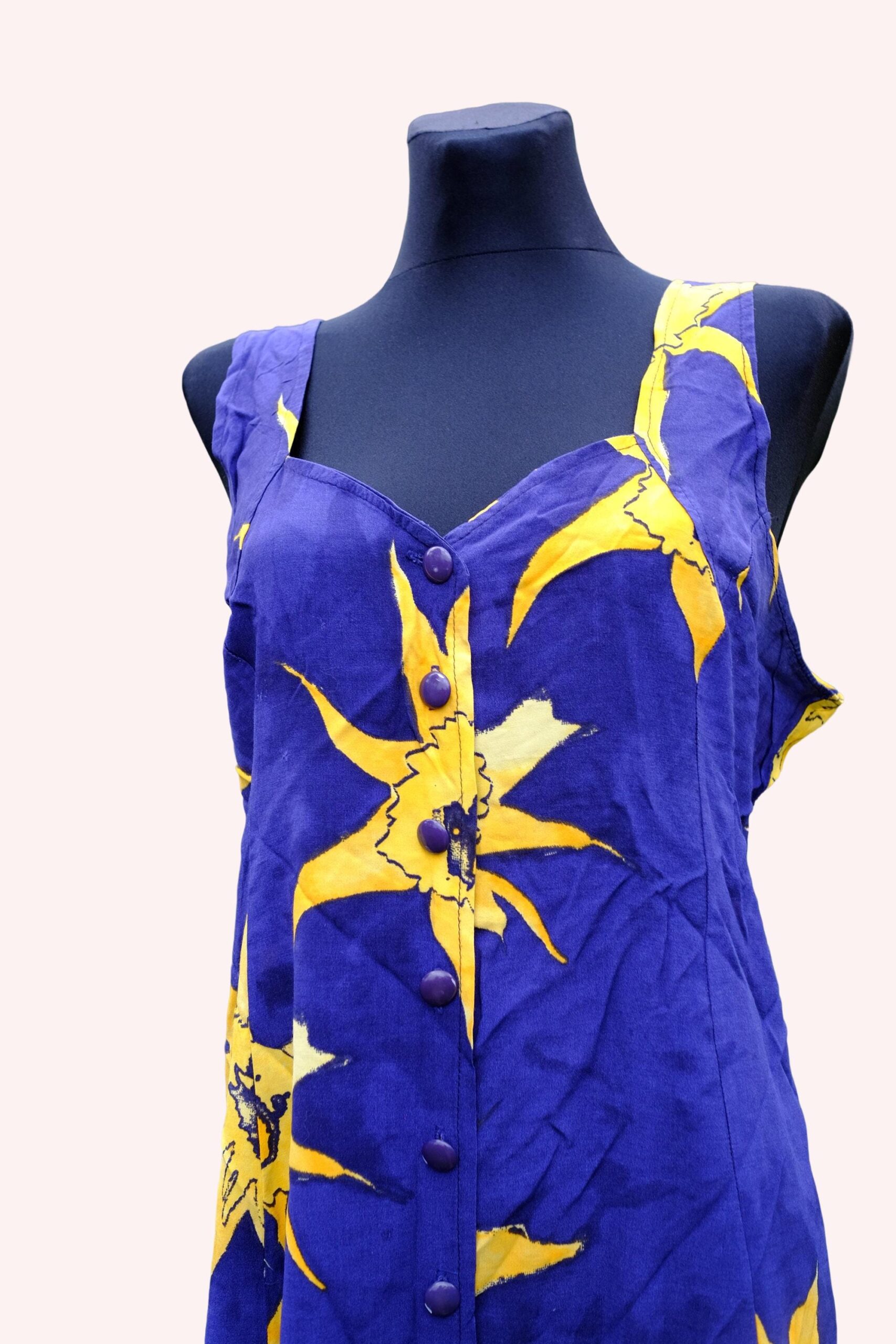 Vintage Dark Blue Yellow Floral Button Up Mini Dress - Image 6