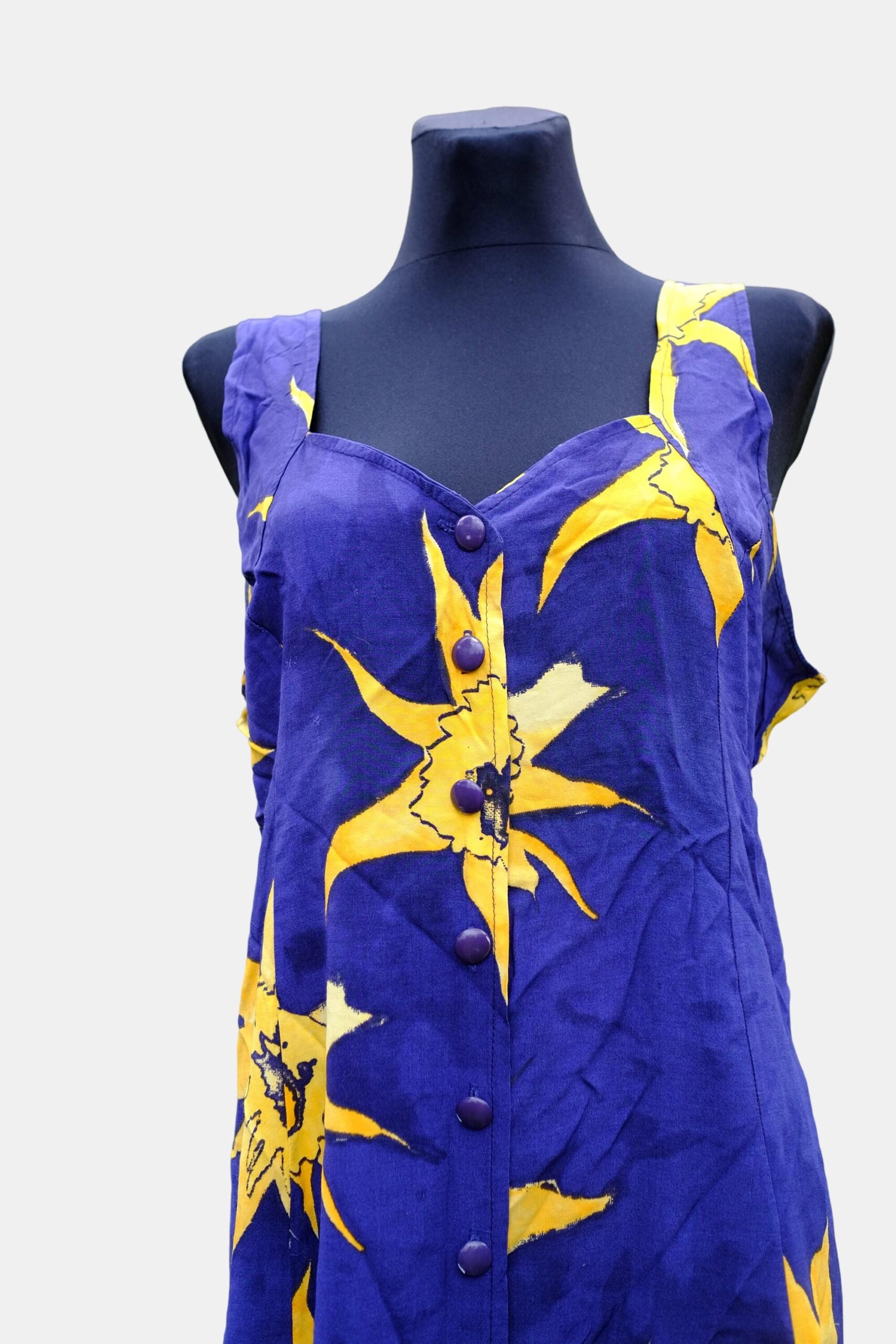 Vintage Dark Blue Yellow Floral Button Up Mini Dress - Image 10