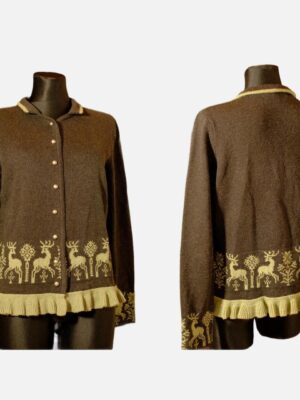 Cute Christmas Sweater: Vintage Festive Grey Green Reindeer Design Flared Collared Knitted Cardigan