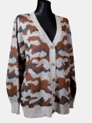 Vintage V-Neck Autumn Grey Brown White Silver Abstract Design Crochet Cardigan