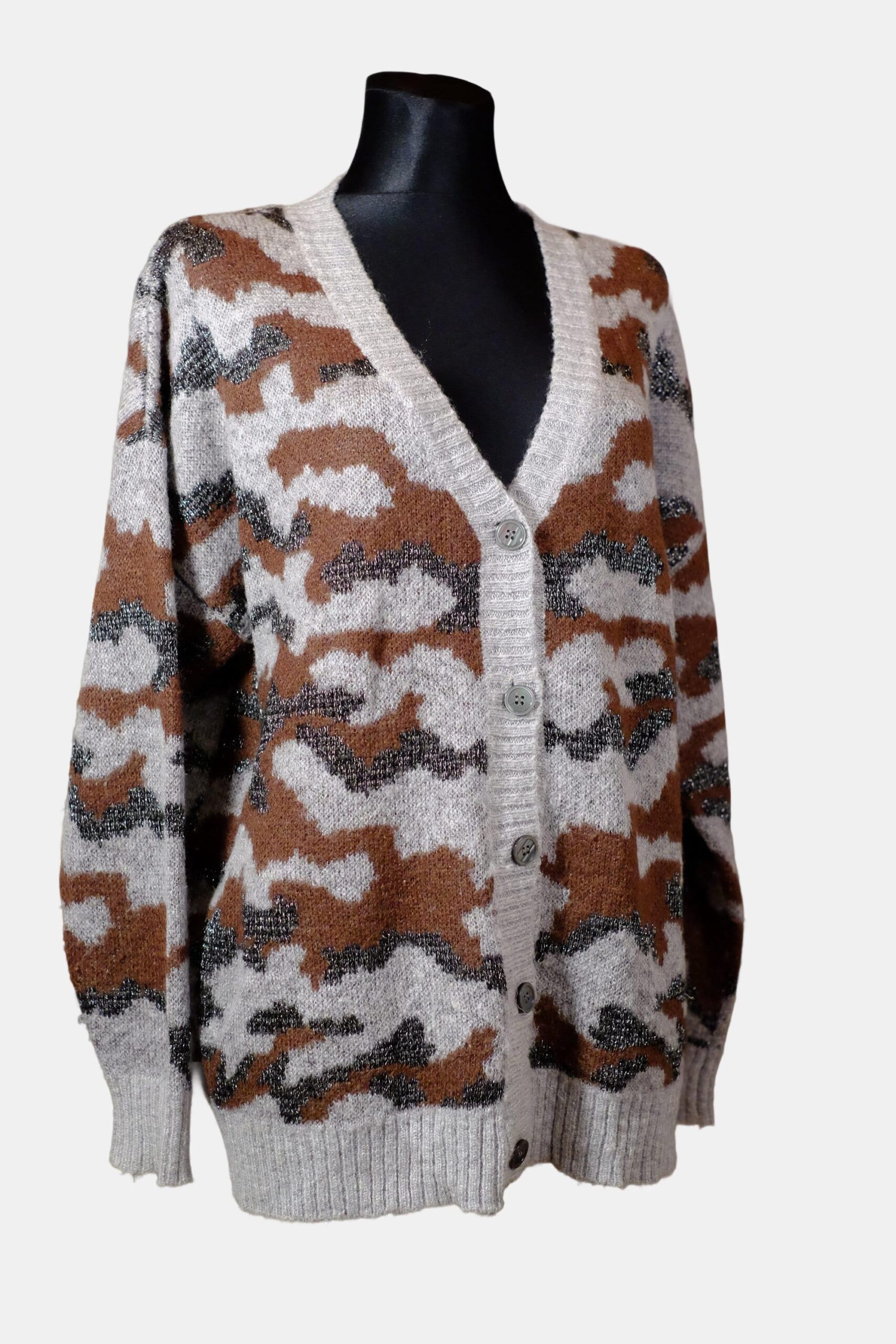 Vintage V-Neck Autumn Grey Brown White Silver Abstract Design Crochet Cardigan