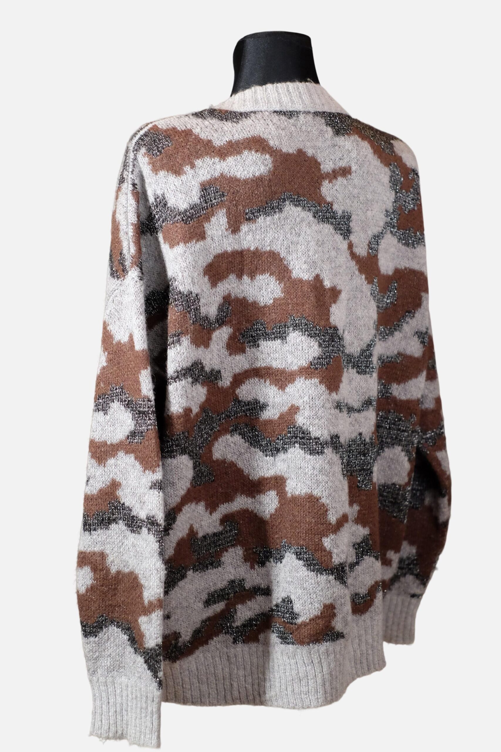 Vintage V-Neck Autumn Grey Brown White Silver Abstract Design Crochet Cardigan - Image 5
