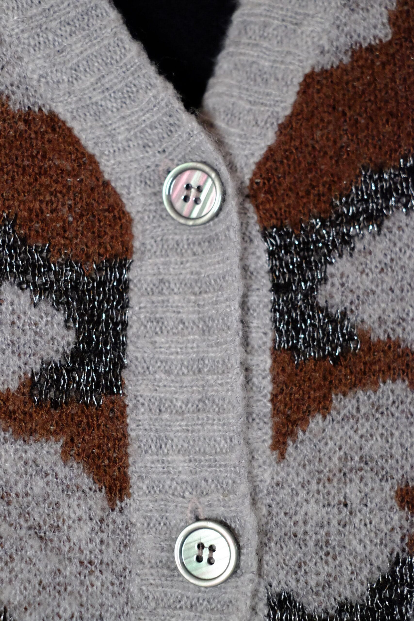 Vintage V-Neck Autumn Grey Brown White Silver Abstract Design Crochet Cardigan - Image 6