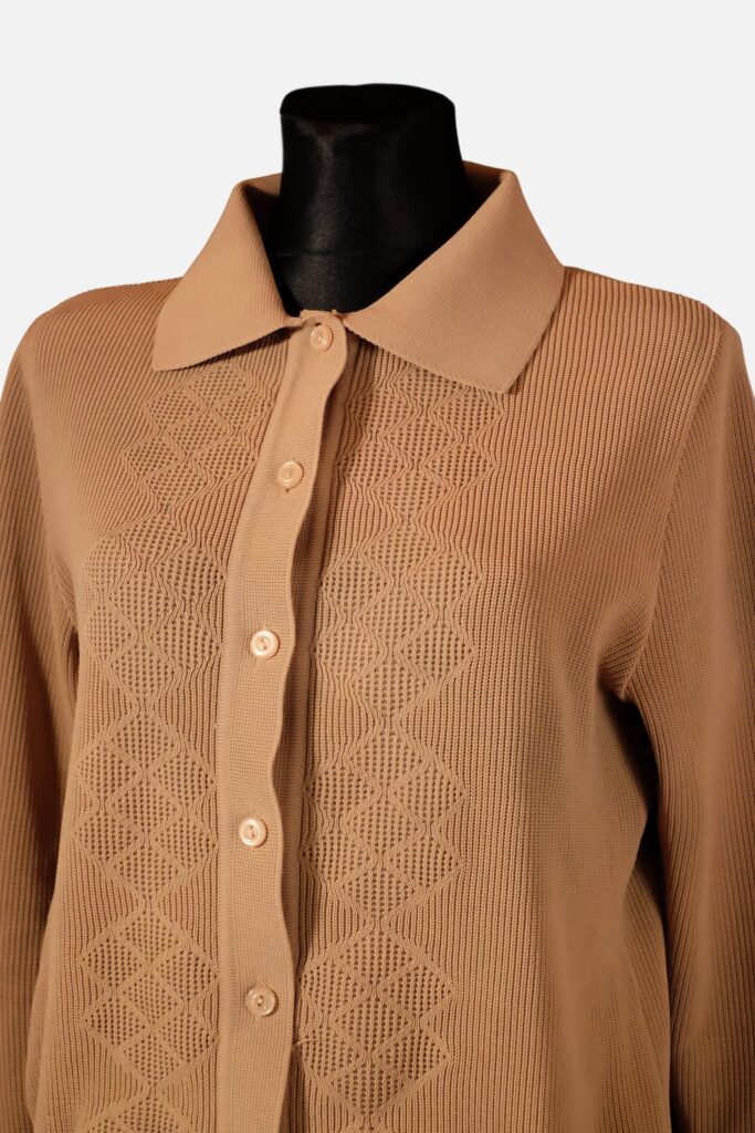 Vintage Light Brown Diamond Pattern Collared Crochet Cardigan