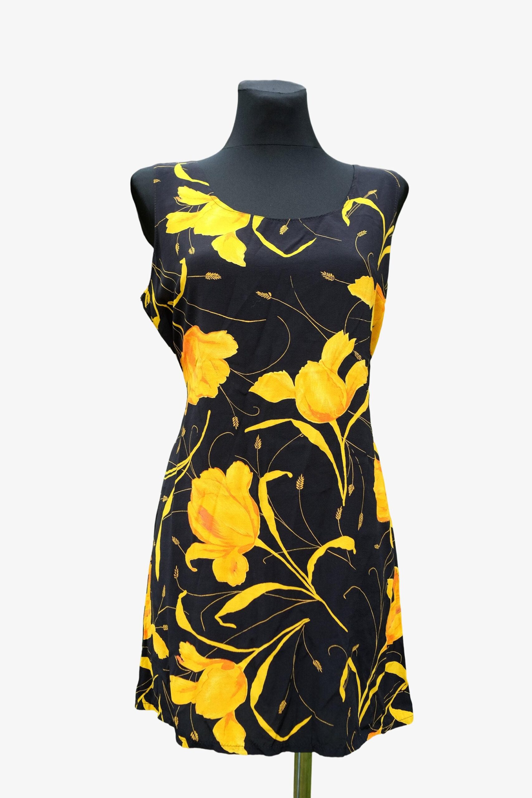 Vintage Black and Yellow Floral Mini Dress