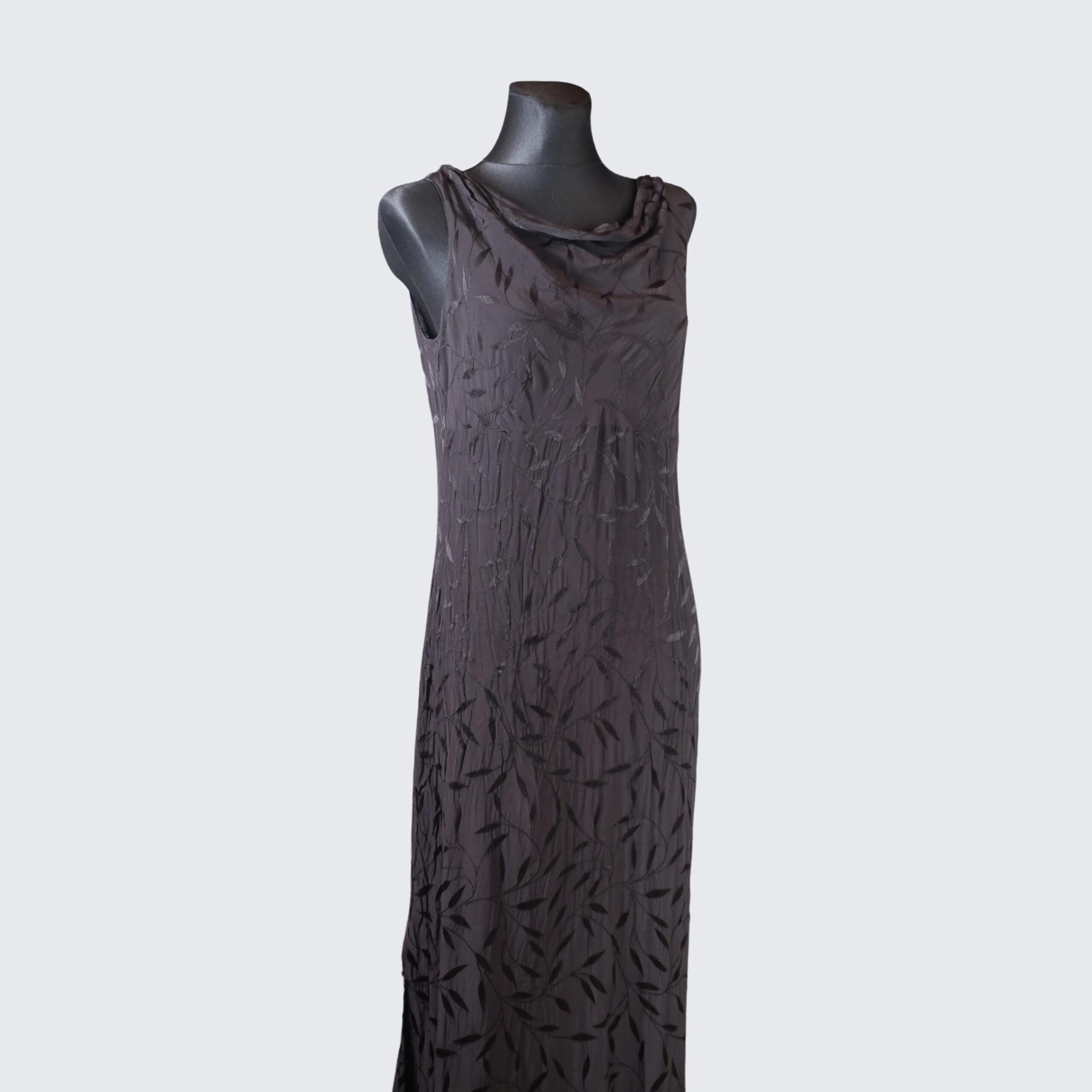 Vintage 90s Elegant Black Prom Dress, Embossed with Cowl Neckline and Floor Lenght