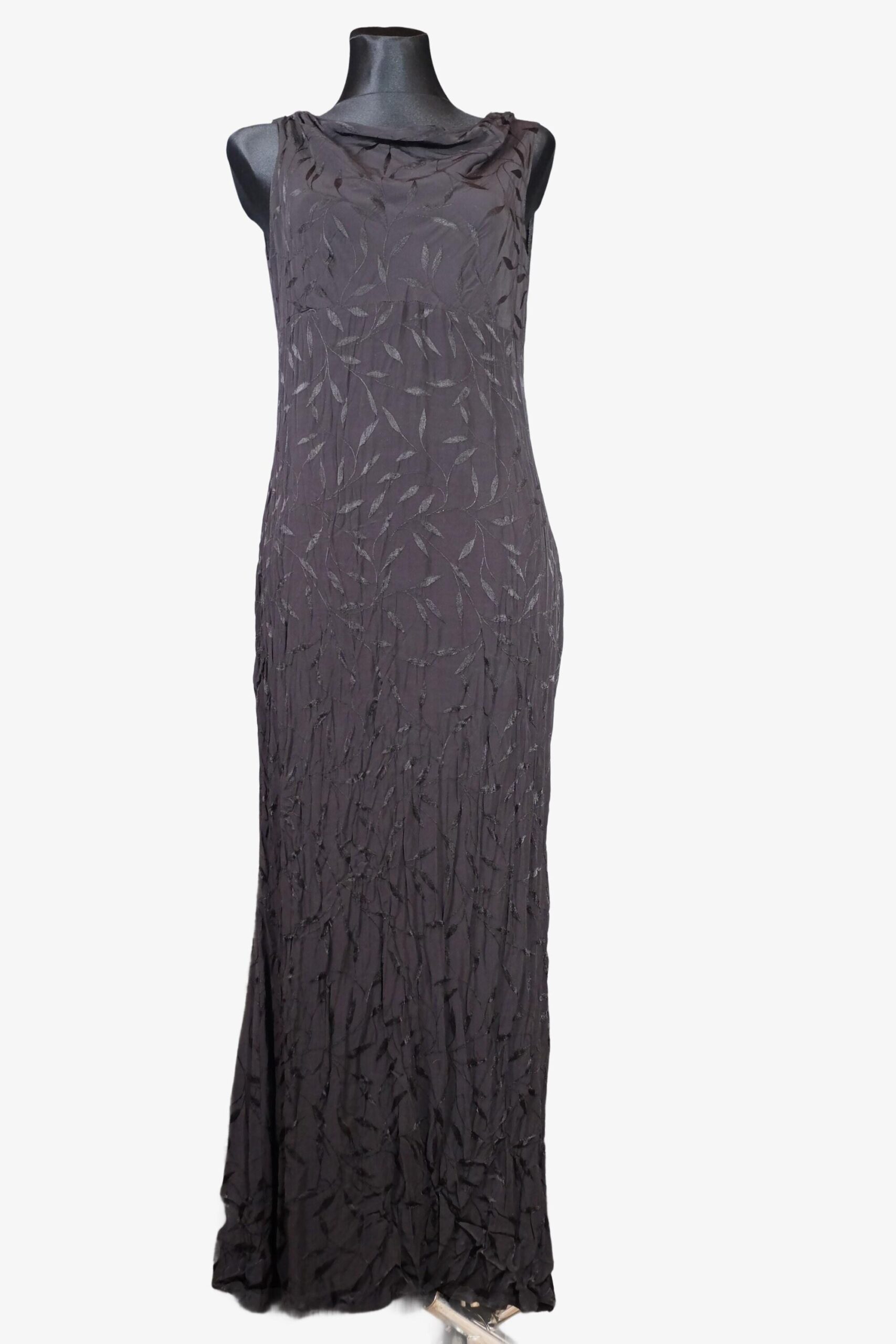 Vintage 90s Elegant Black Prom Dress, Embossed with Cowl Neckline and Floor Lenght - Image 2