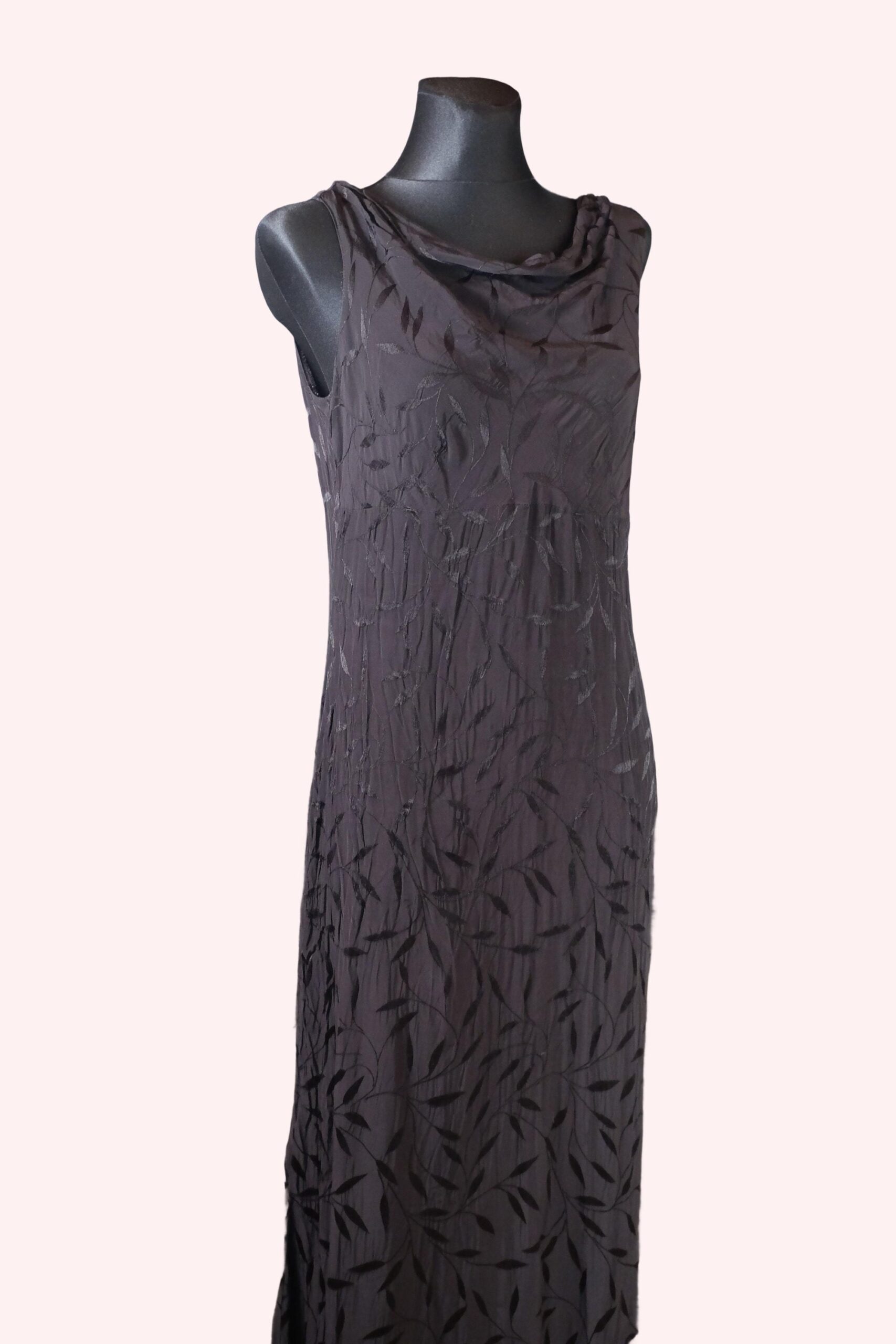 Vintage 90s Elegant Black Prom Dress, Embossed with Cowl Neckline and Floor Lenght - Image 7