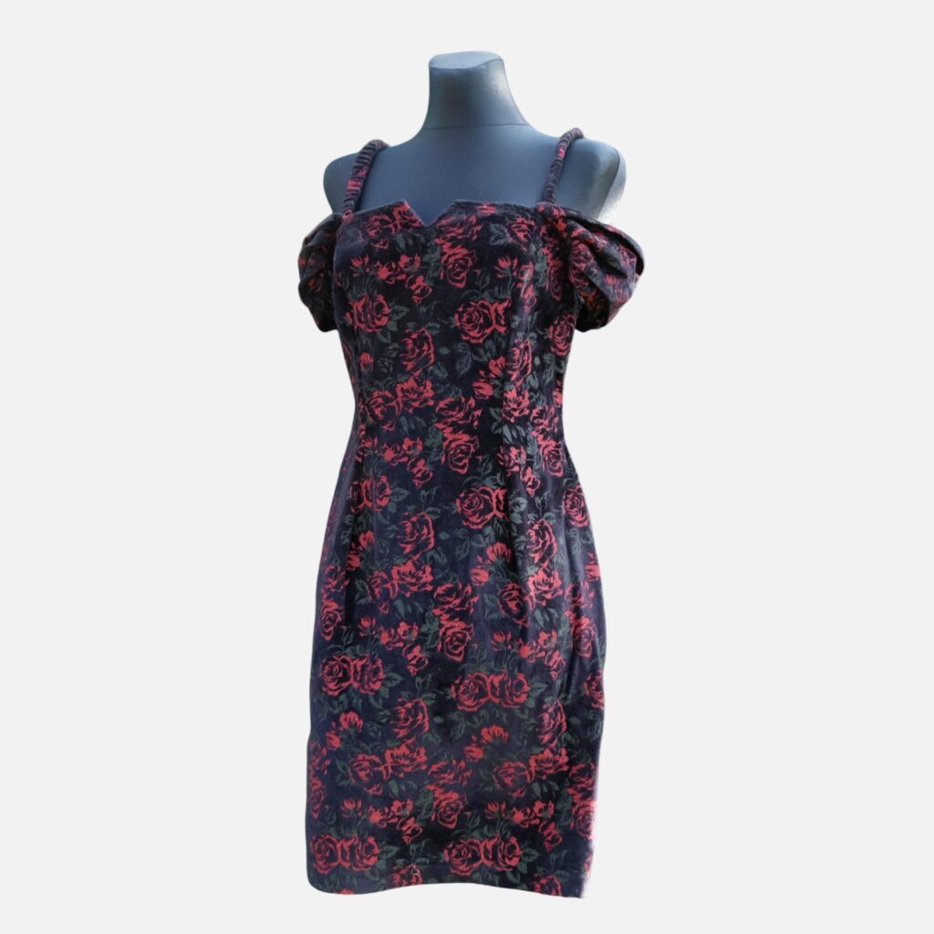 90s Vintage Romantic Black and Red Velvet Floral Cocktail Mini Dress