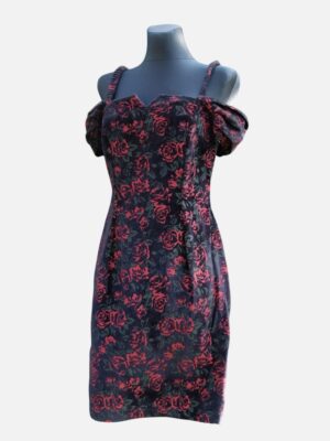 90s Vintage Romantic Black and Red Velvet Floral Cocktail Mini Dress