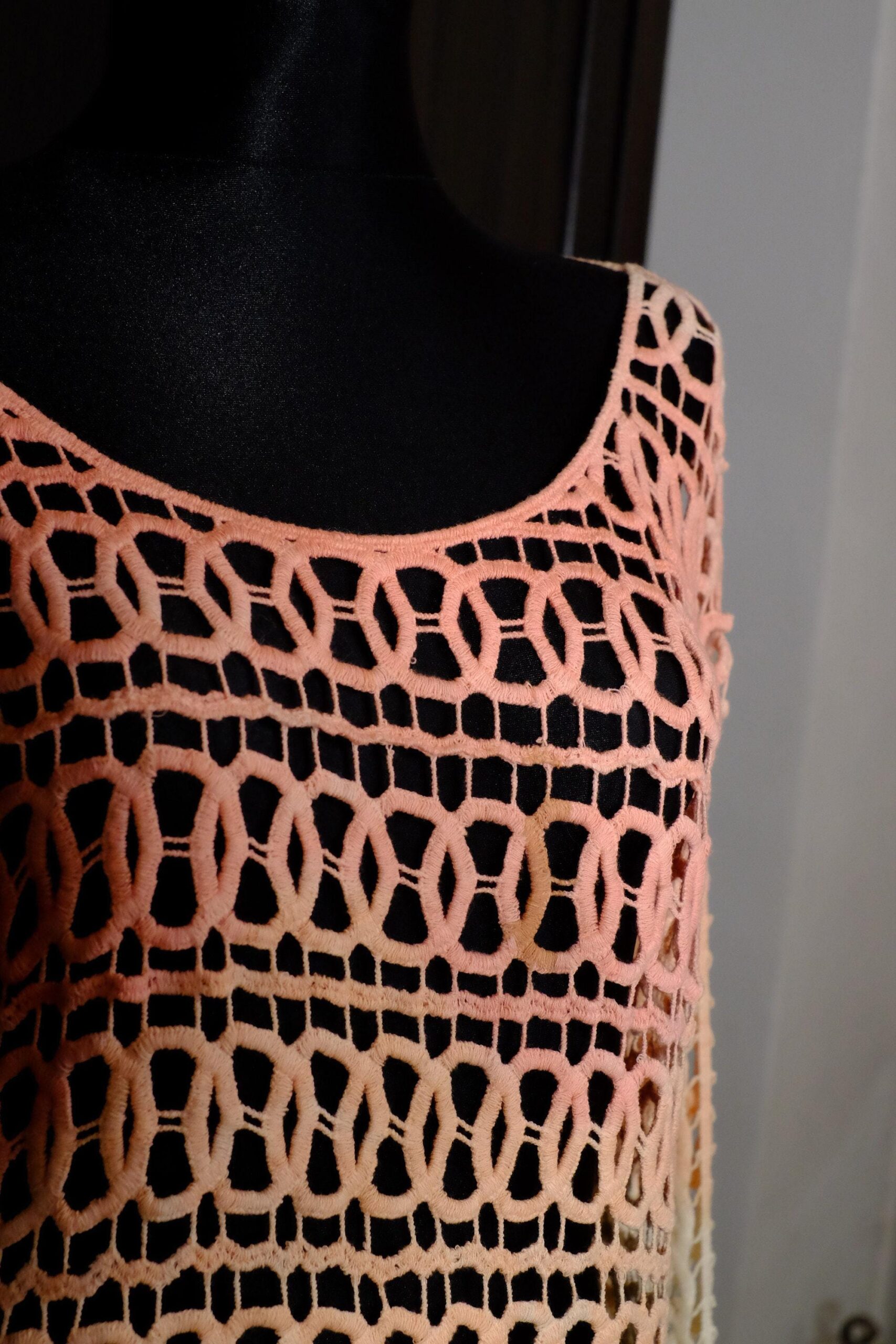 Vintage Pink White Brown Ombre Circle Design Crochet Dress - Image 3