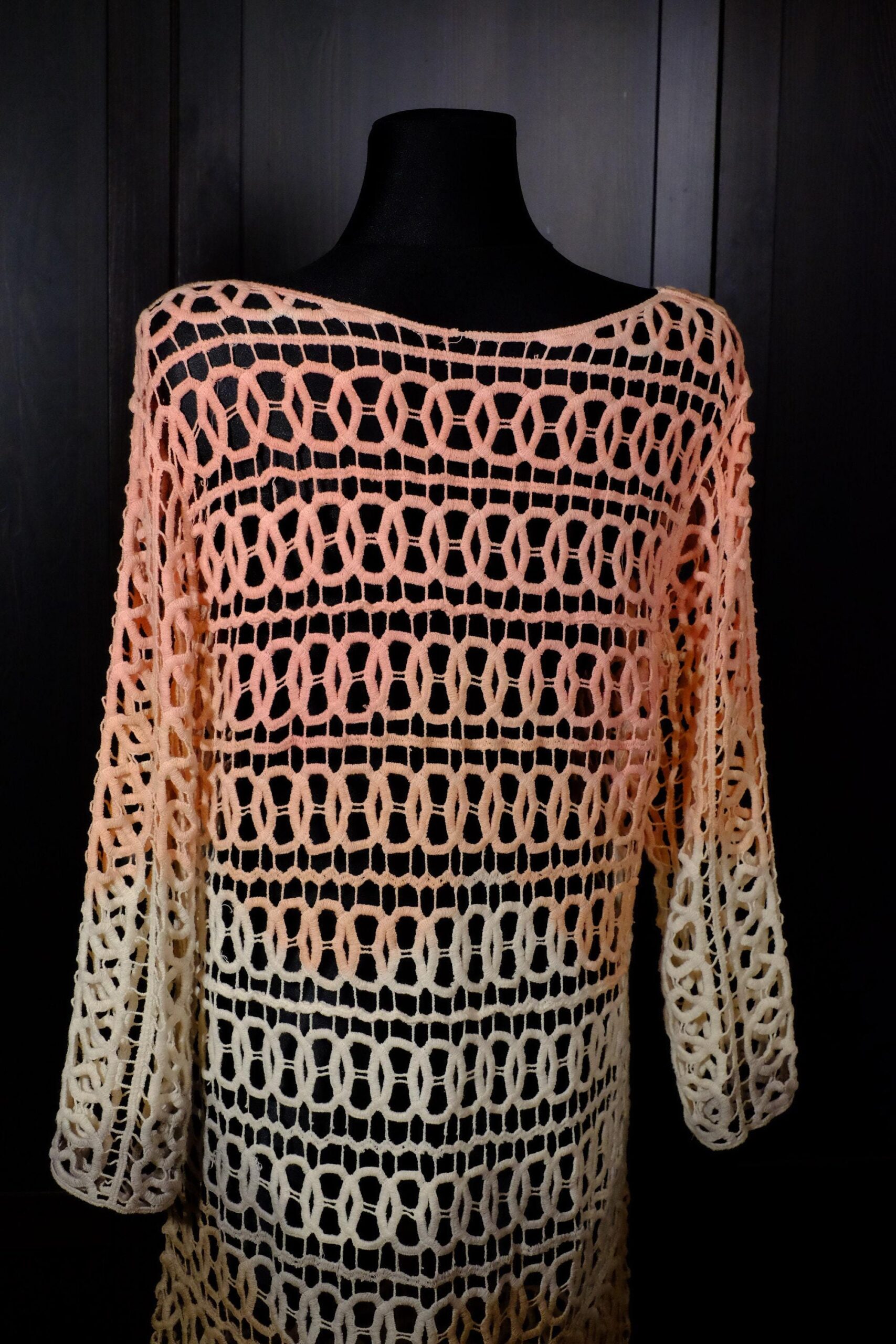 Vintage Pink White Brown Ombre Circle Design Crochet Dress - Image 6