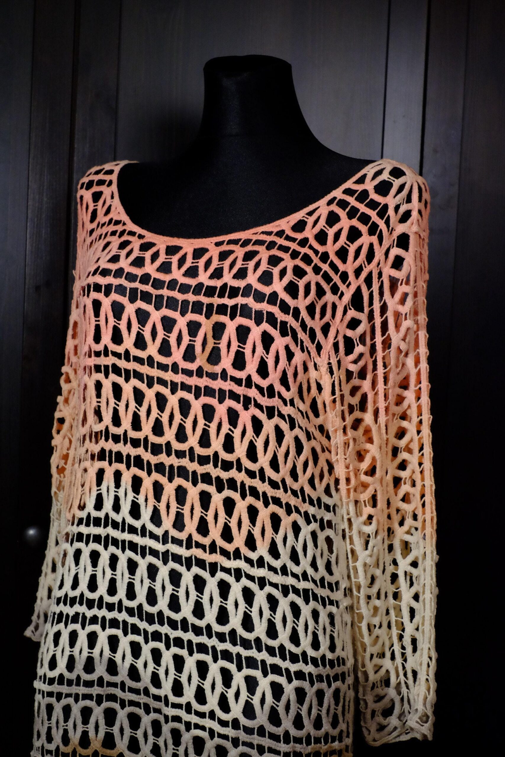 Vintage Pink White Brown Ombre Circle Design Crochet Dress - Image 7