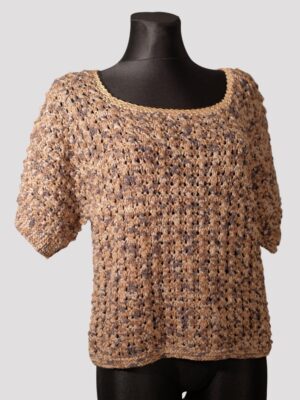 Vintage Tricoloured Textured Mid Sleeved U-Neck Crochet Sweater