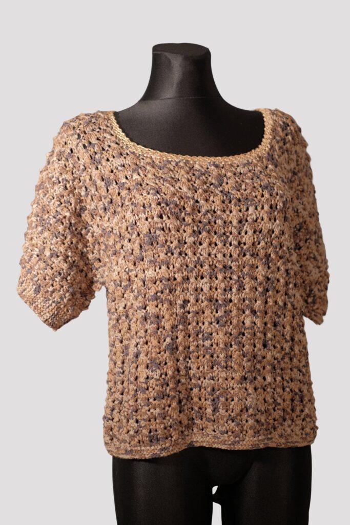 Vintage Tricoloured Textured Mid Sleeved U-Neck Crochet Sweater