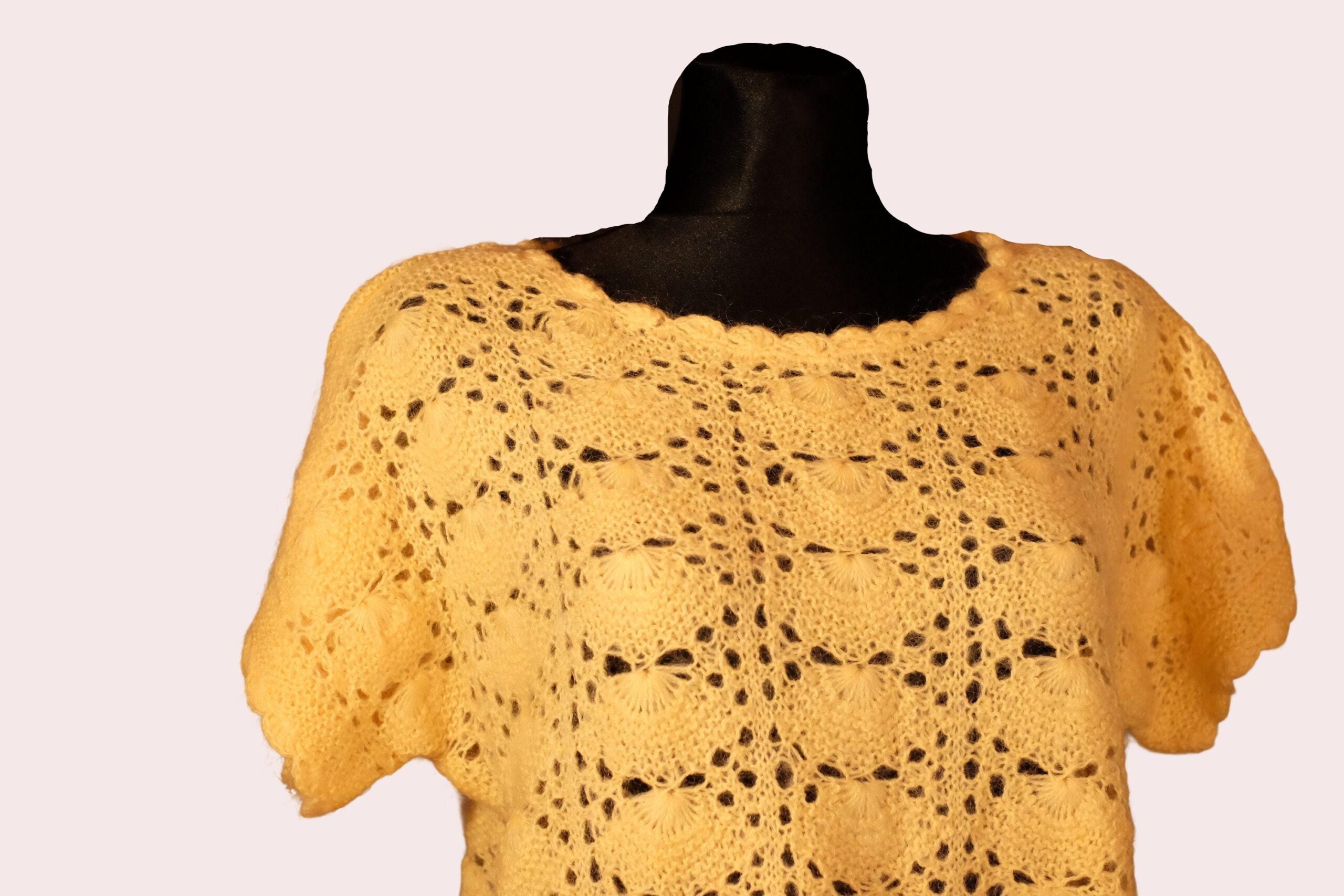 Vintage Yellow Short Sleeved Crochet Top, Short Sleeved Sweater - Image 4
