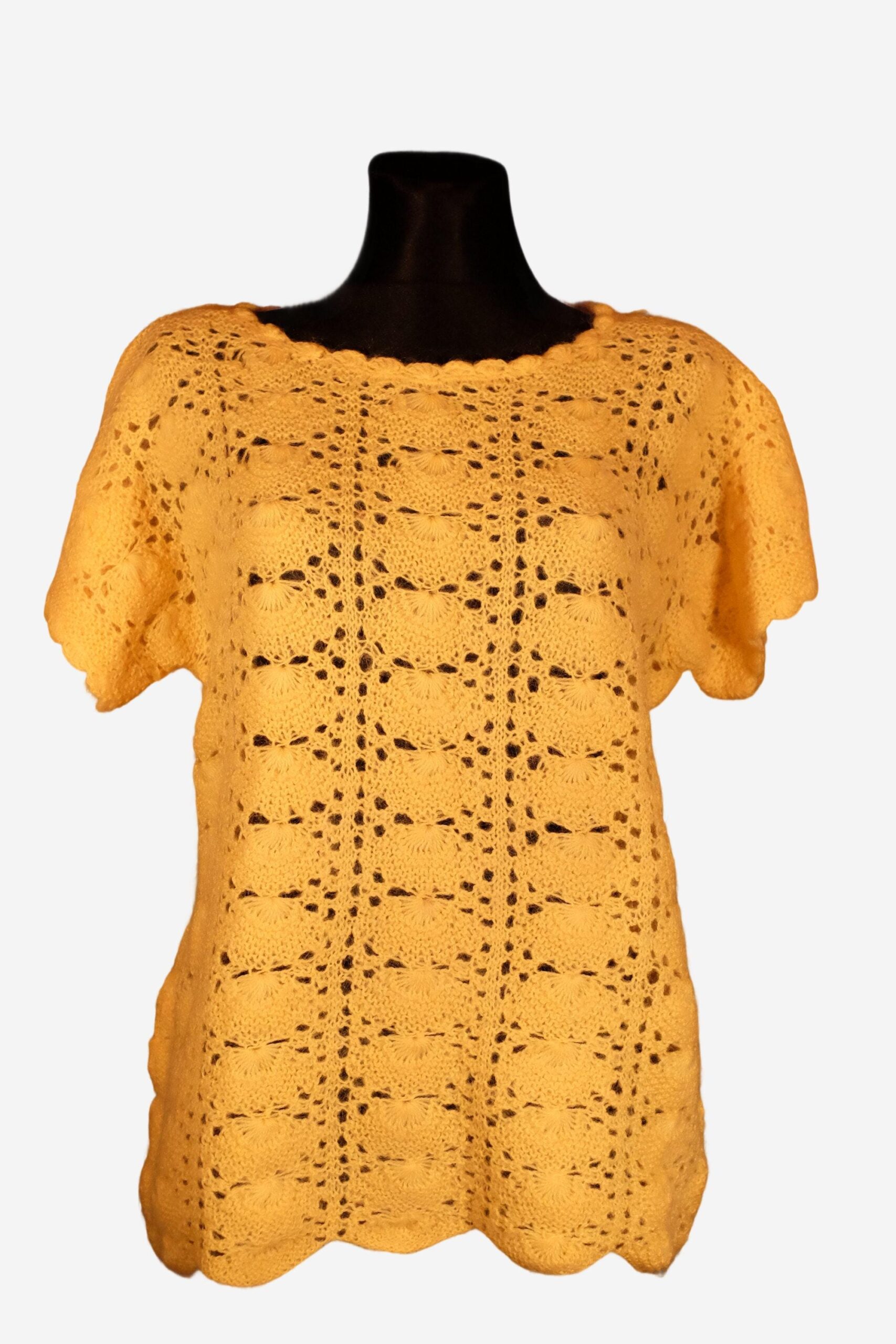 Vintage Yellow Short Sleeved Crochet Top, Short Sleeved Sweater - Image 8