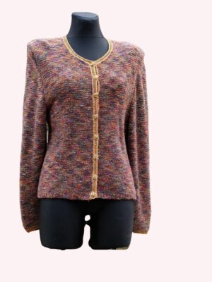 Vintage Shoulder Pads 80s Glam Colorful Cardigan/ Knitted Blazer with Golden details