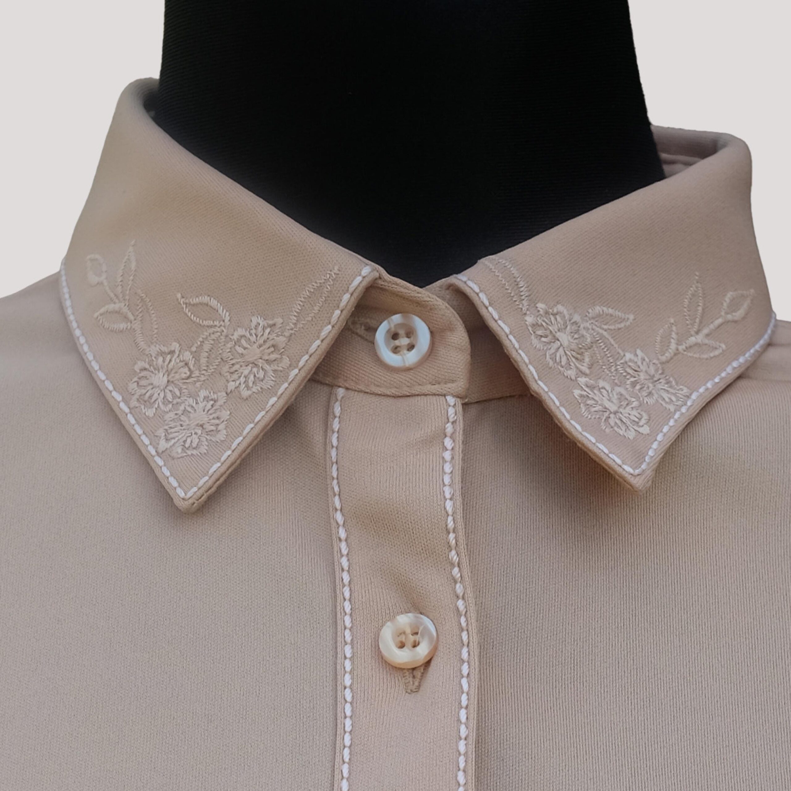 Vintage Long Sleeve Simple Cream Shirt with Elegant Floral Collared Neck Embordered Detail - Image 4
