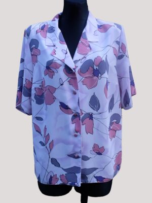 Vintage White Collared Shirt, Pastel Floral Pattern, Soft Colors, Short Sleeve