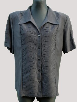 Vintage Black Shirt with Textured Waves Bust, Elegant and Unique Collared Neckline Short Sleeve Shirt